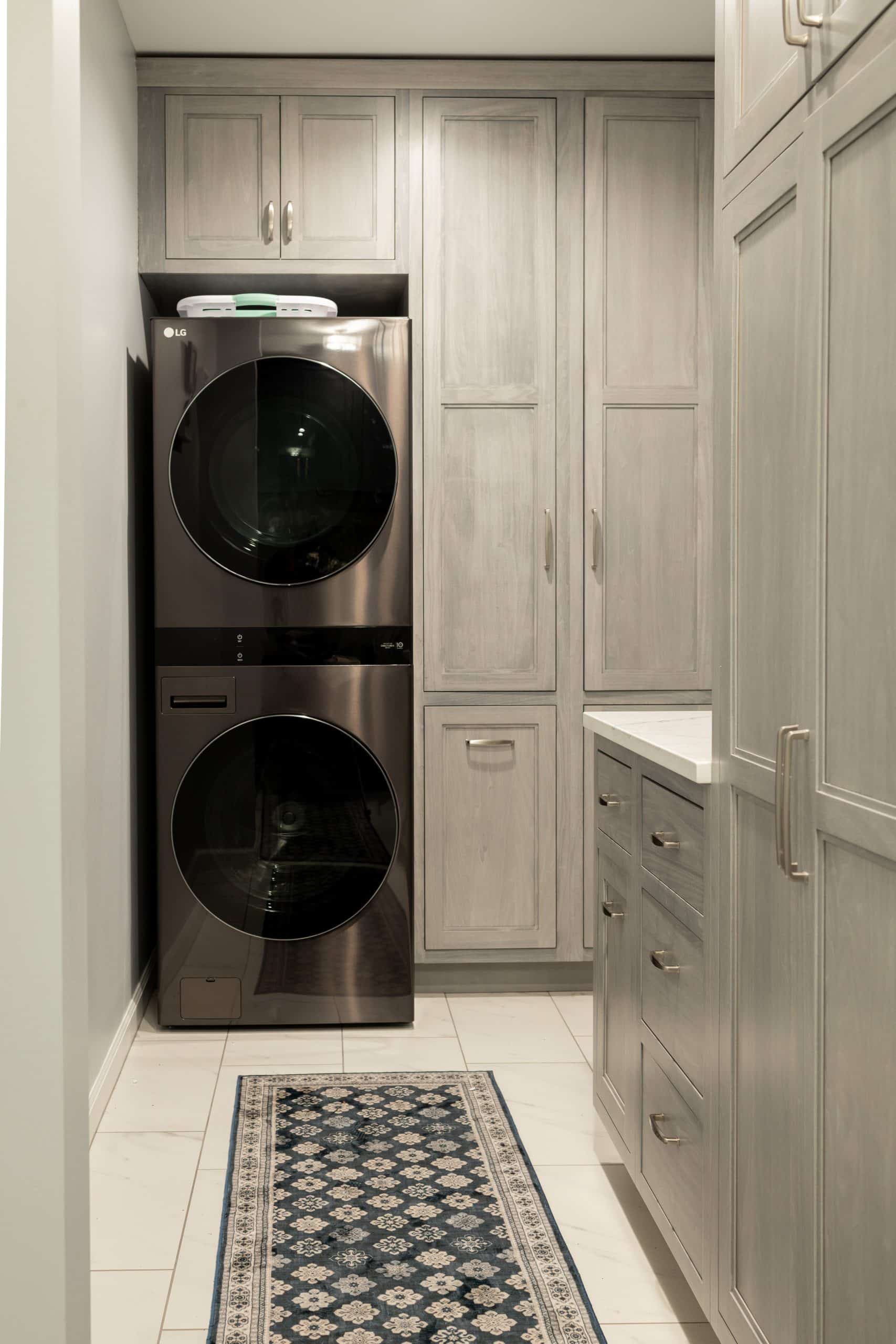washer dryer stack in mudroom remodel in lee's summit home
