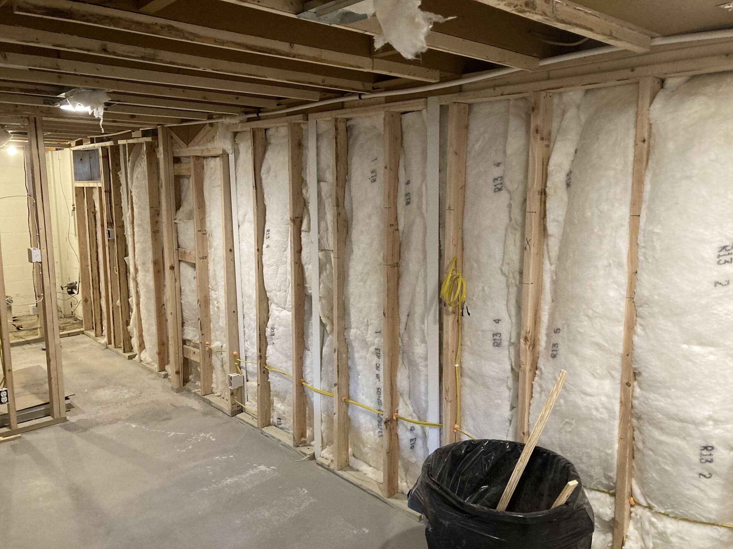 insulation going in framing of the basement remodel to help with energy efficiency and to keep space comfortable. 