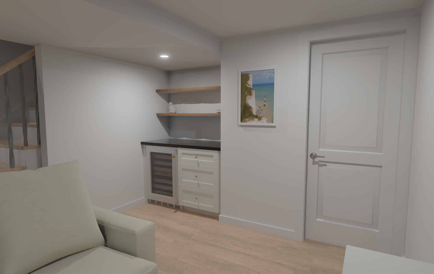 3d rendering of wet bar area in prairie village basement remodeling process