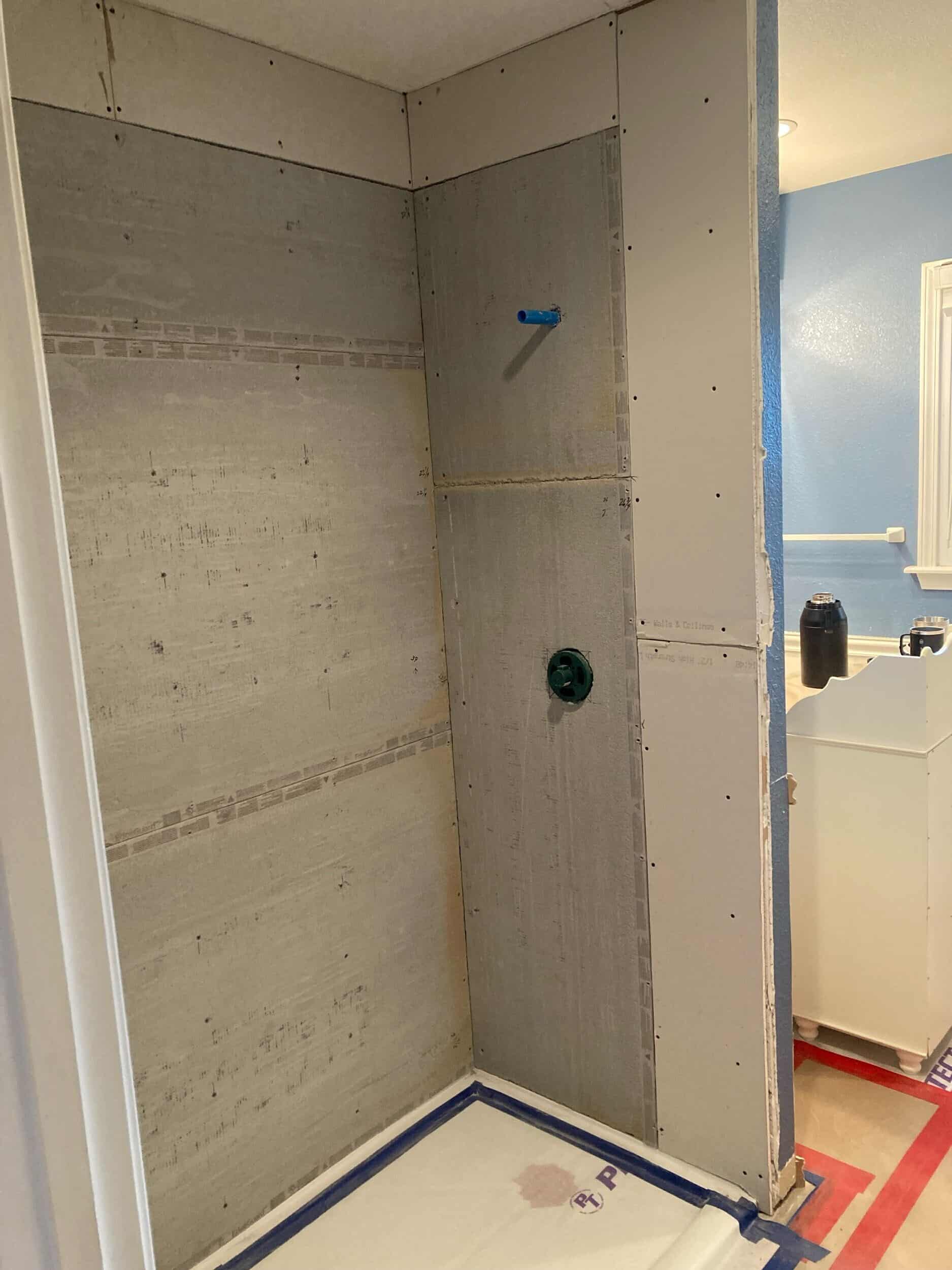 new shower backer board added for shower install in lake of the ozarks handyman remodeling project for aging in place