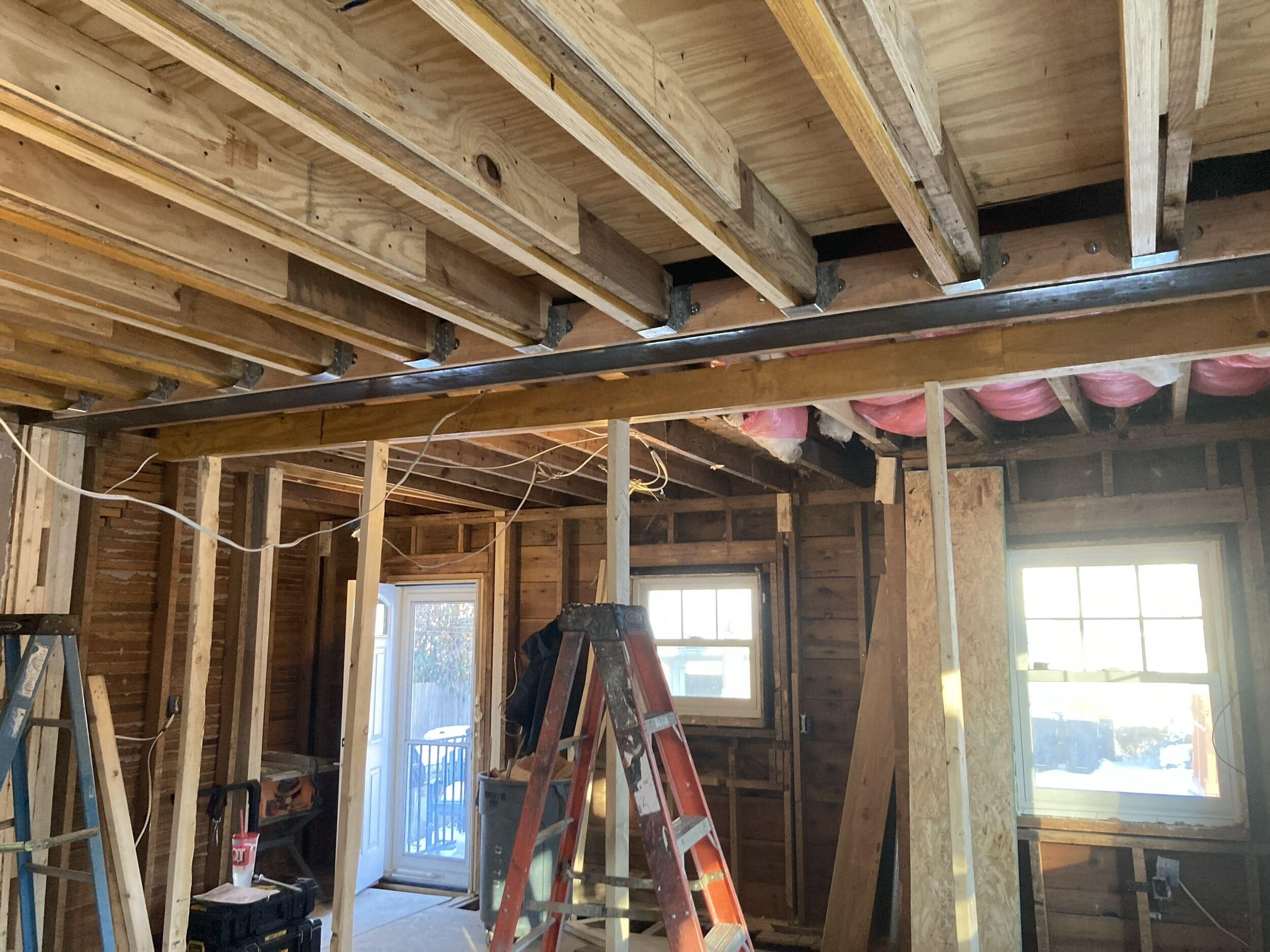 ceiling joists and sistering and steel beam added for structural support in historic kcmo waldo home remodel