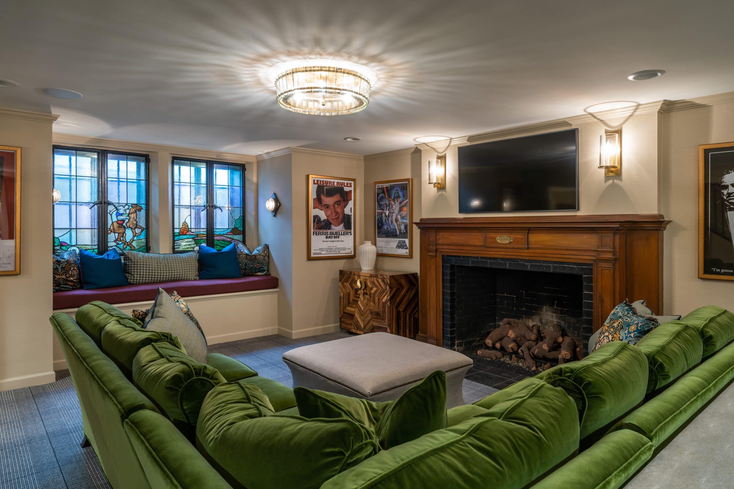 tv in eclectic basement for vintage luxury feel with plenty of seating in the kc area