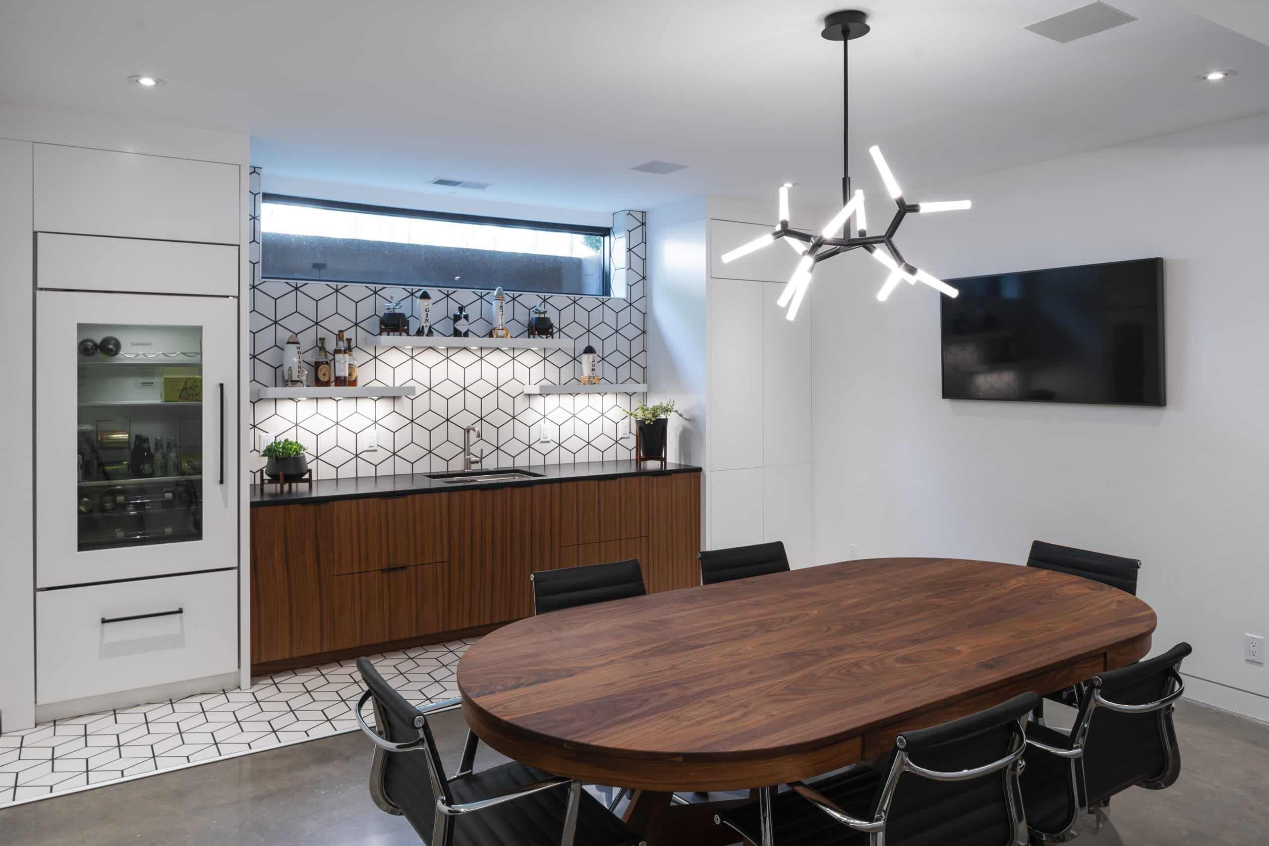 basement bar area in sleek modern basement design