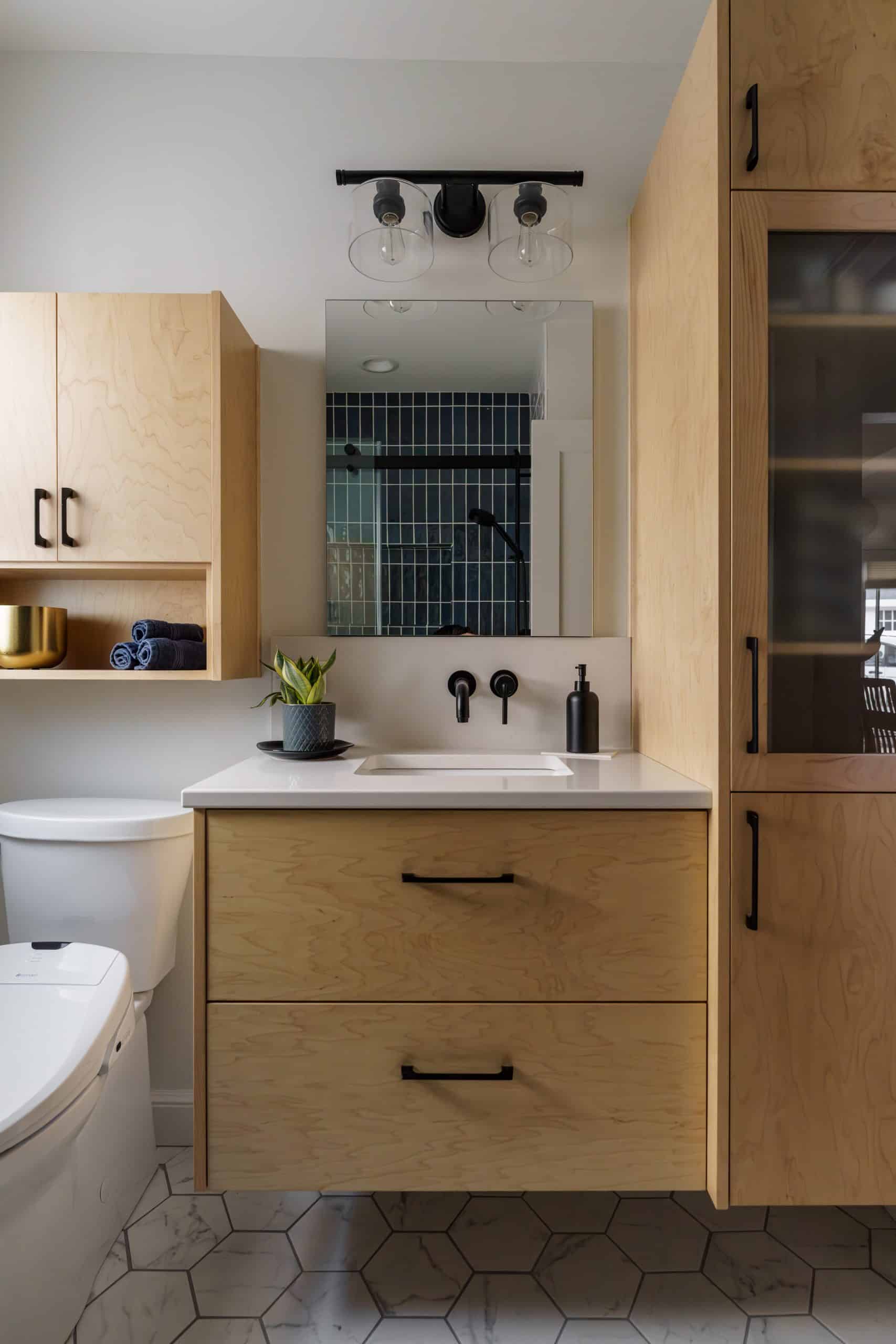 natural wood cabinetry in bathroom remodel