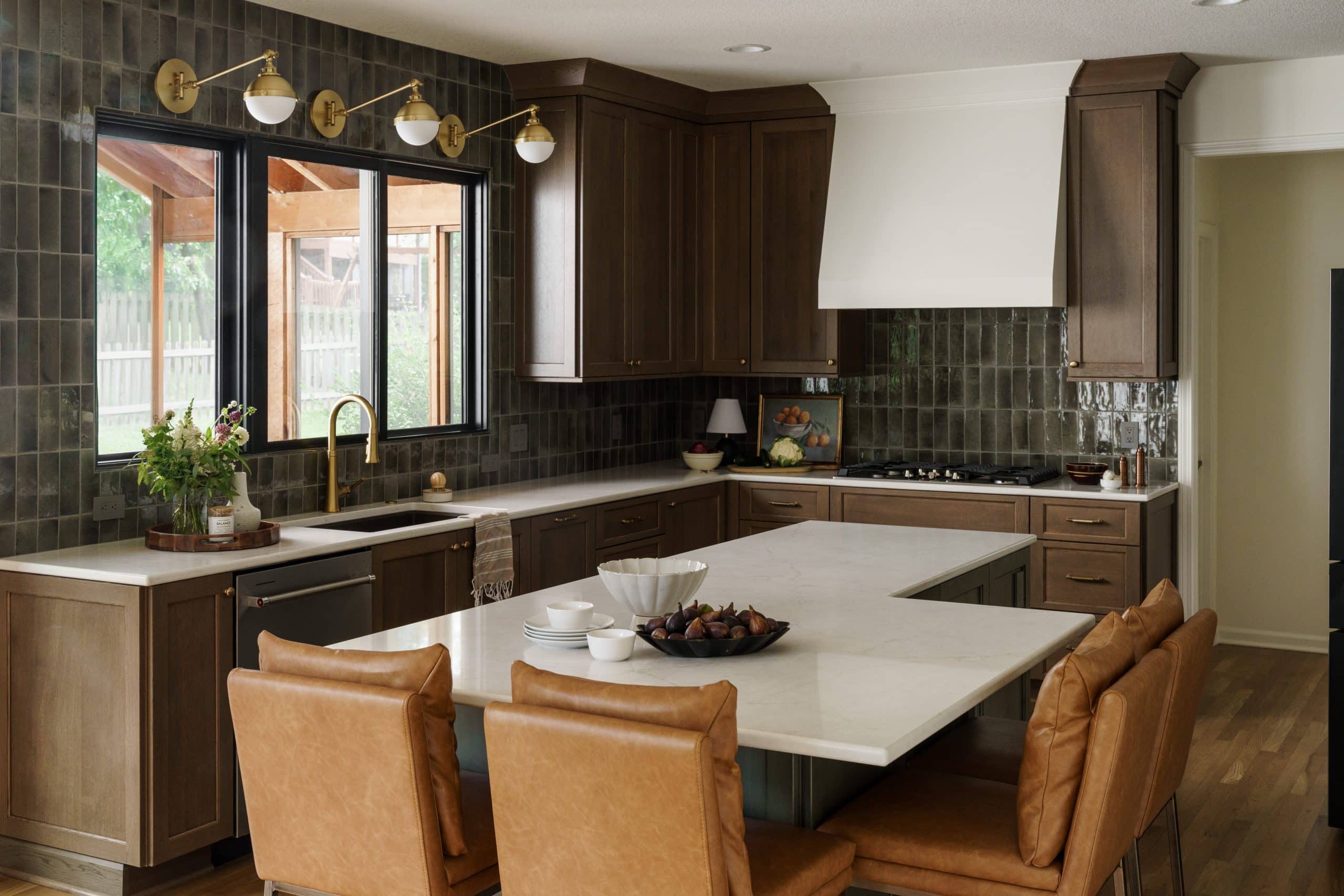 green earthy toned mossy moody olive green kitchen with stained white oak accents