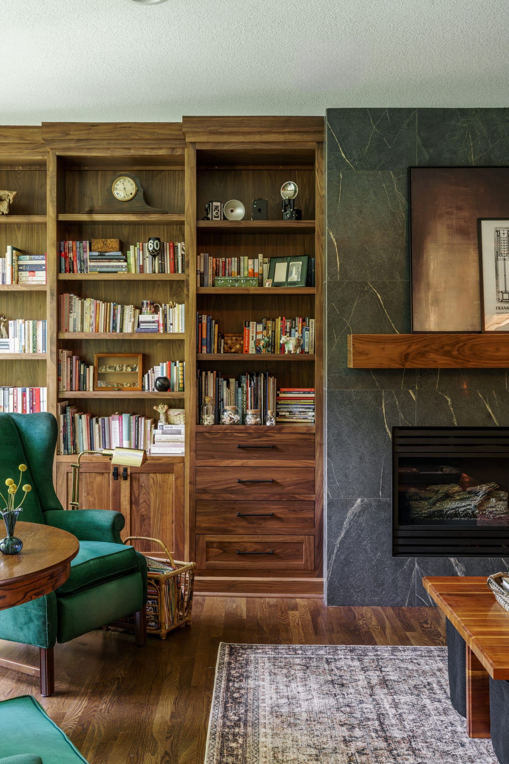 warm wood natural wood cabinetry and built in shelves