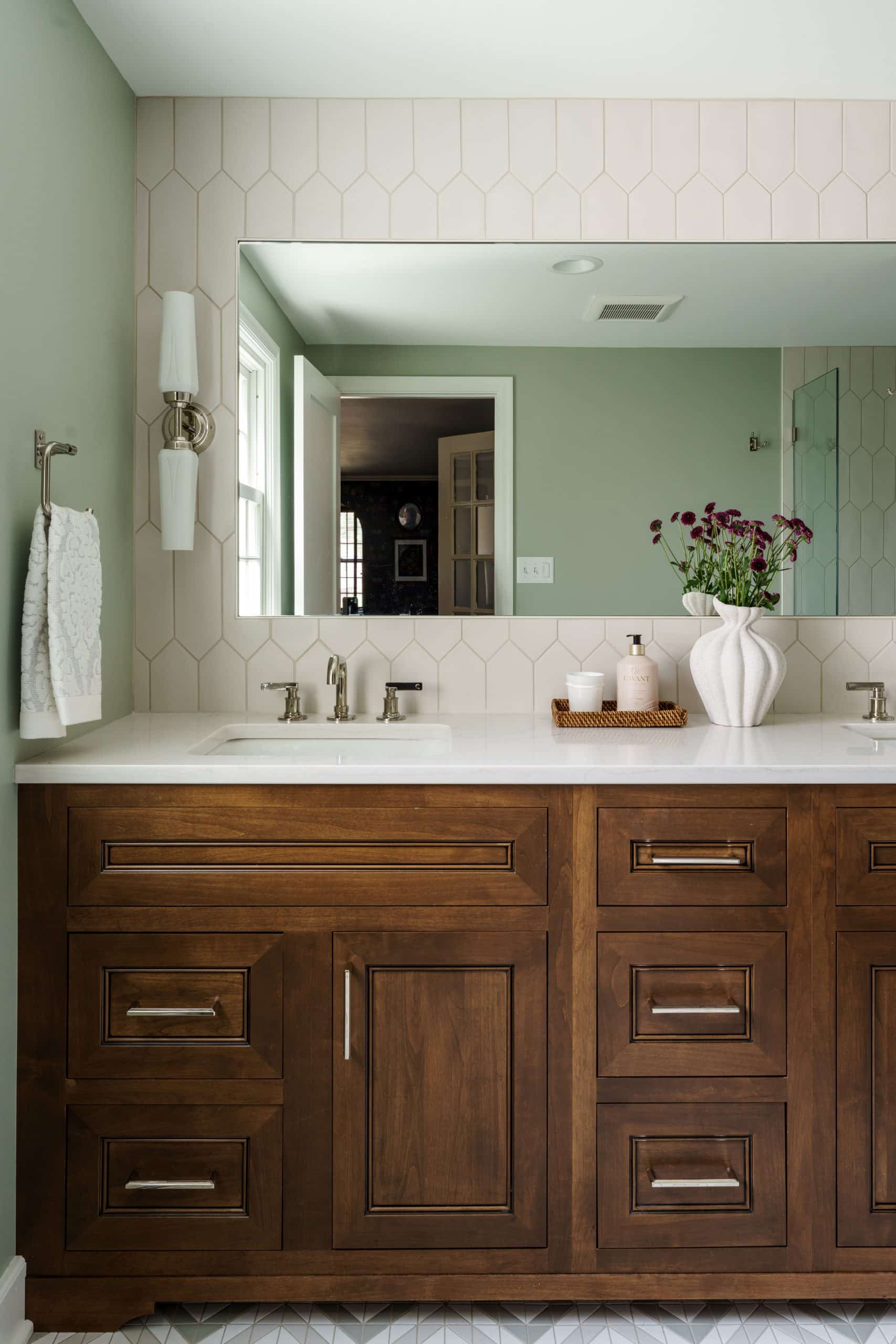 natural wood vanity in bathroom remodel