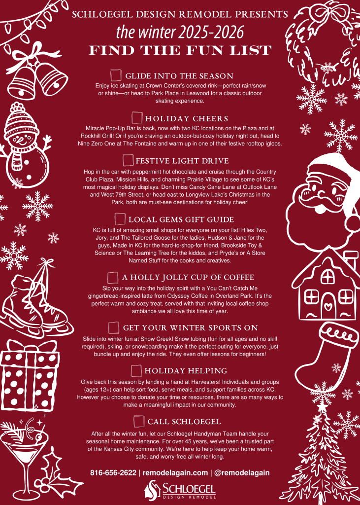 kansas city winter and holiday fun things to do list brought to you by Schloegel Design Remodel and listed out on festive holiday deep red with cute white vector graphics of holiday and winter images on the border