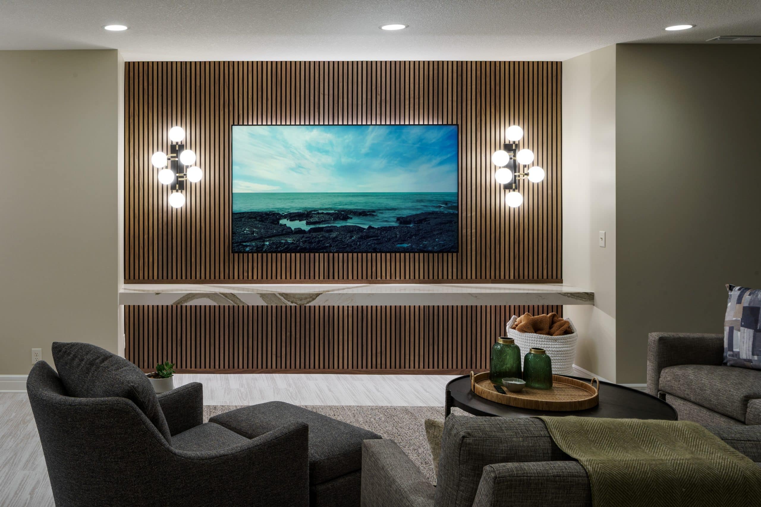 slat background texture on media feature wall