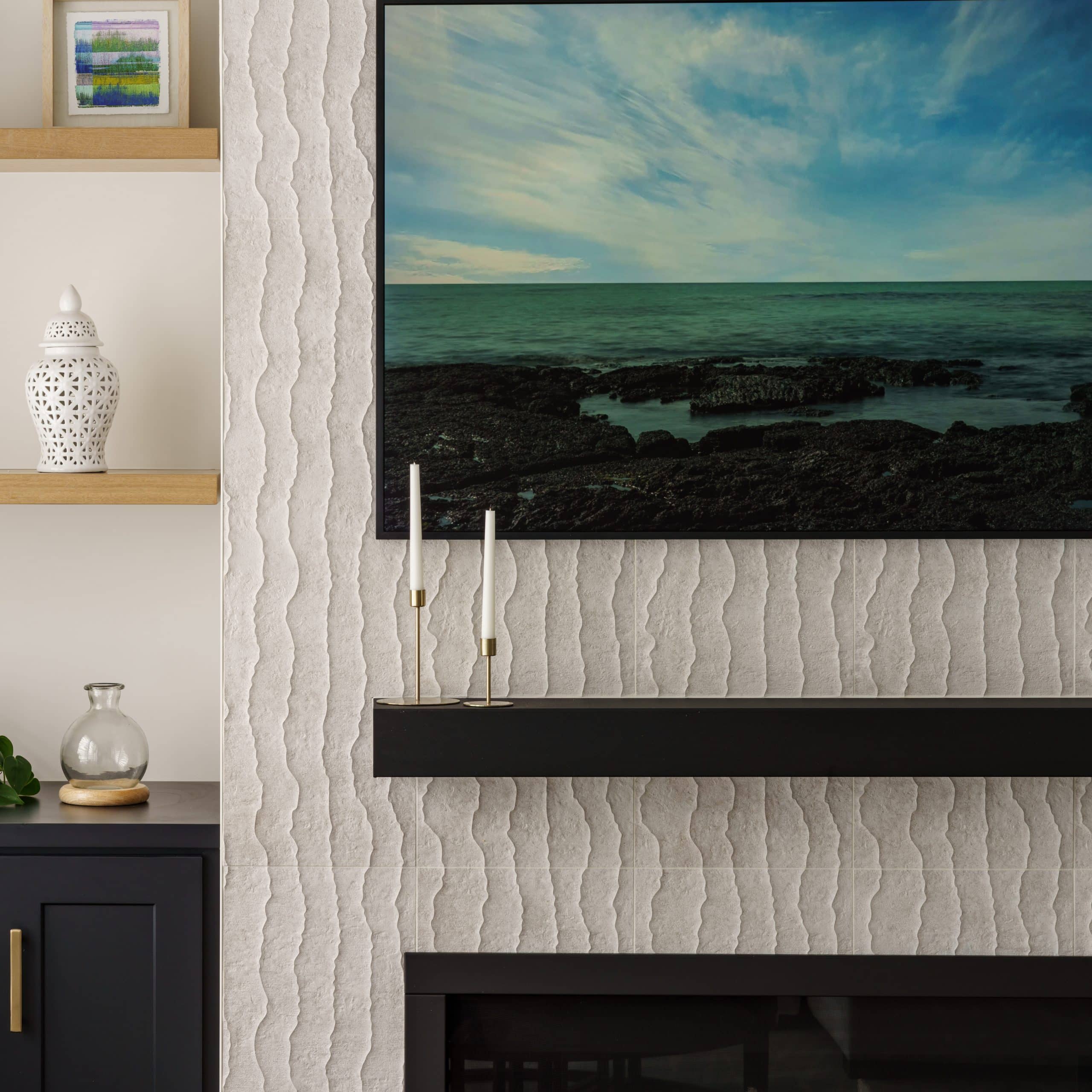 Contemporary style fireplace with floating shelves and dark cabinets