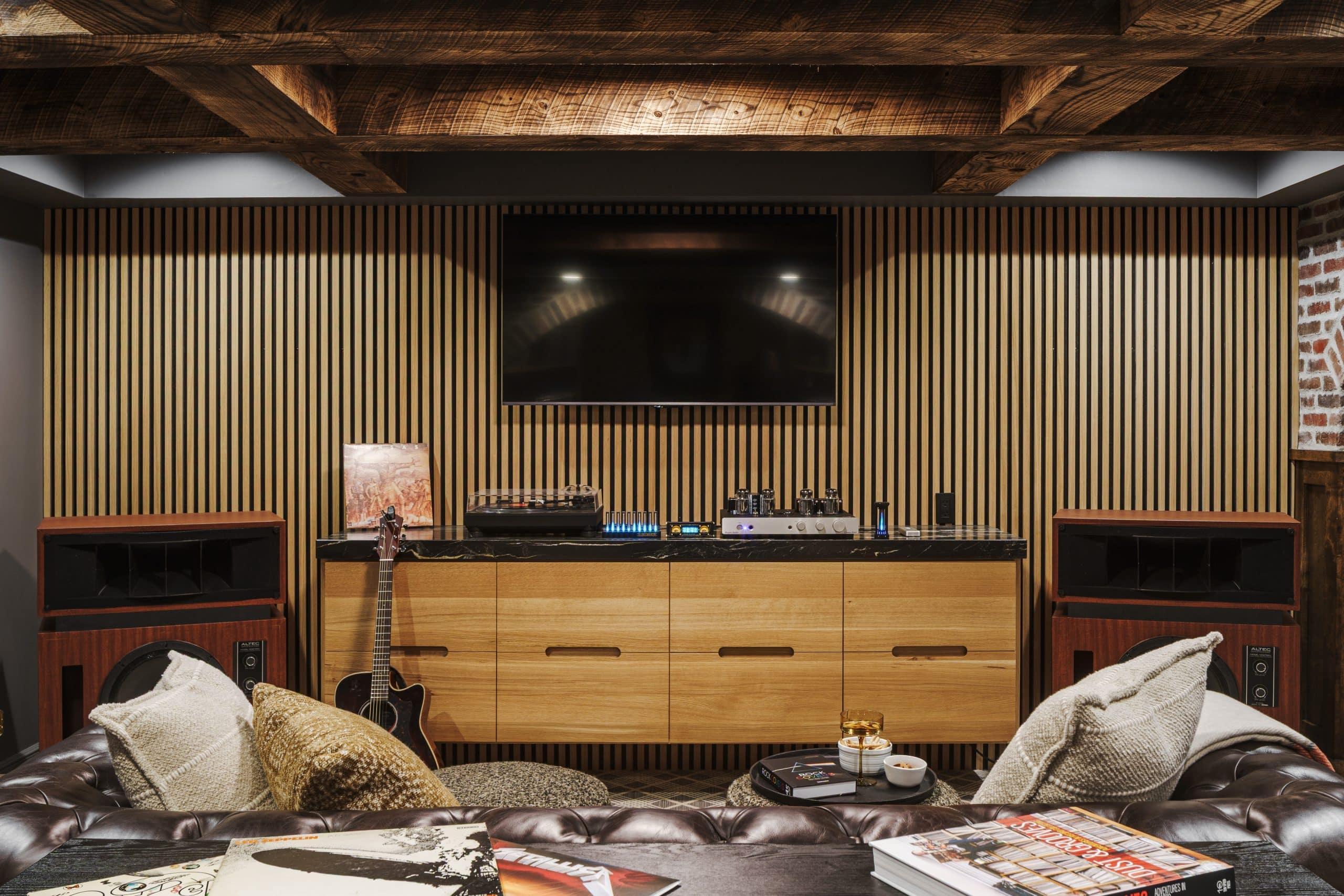 custom music listening room with slatted media wall