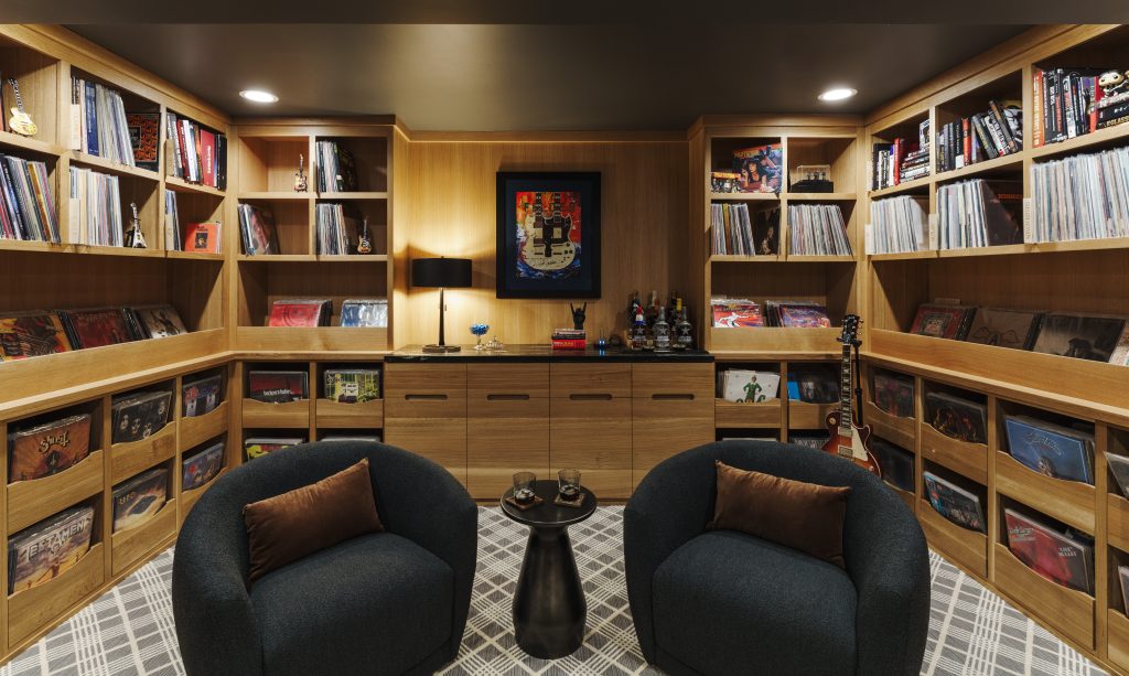 a custom designed music listening room with custon vinyl storage