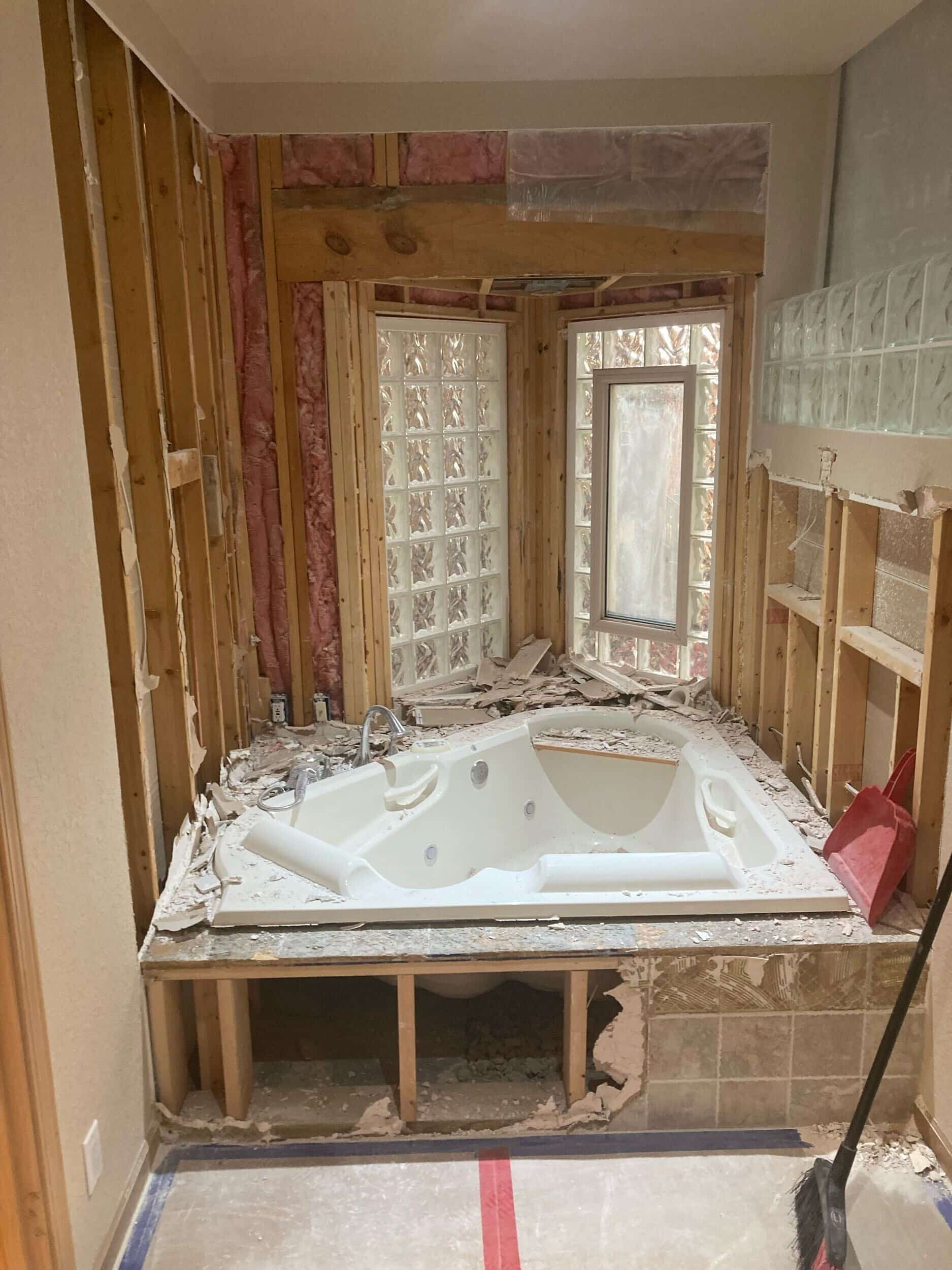 bathtub demo in primary bathroom remodel