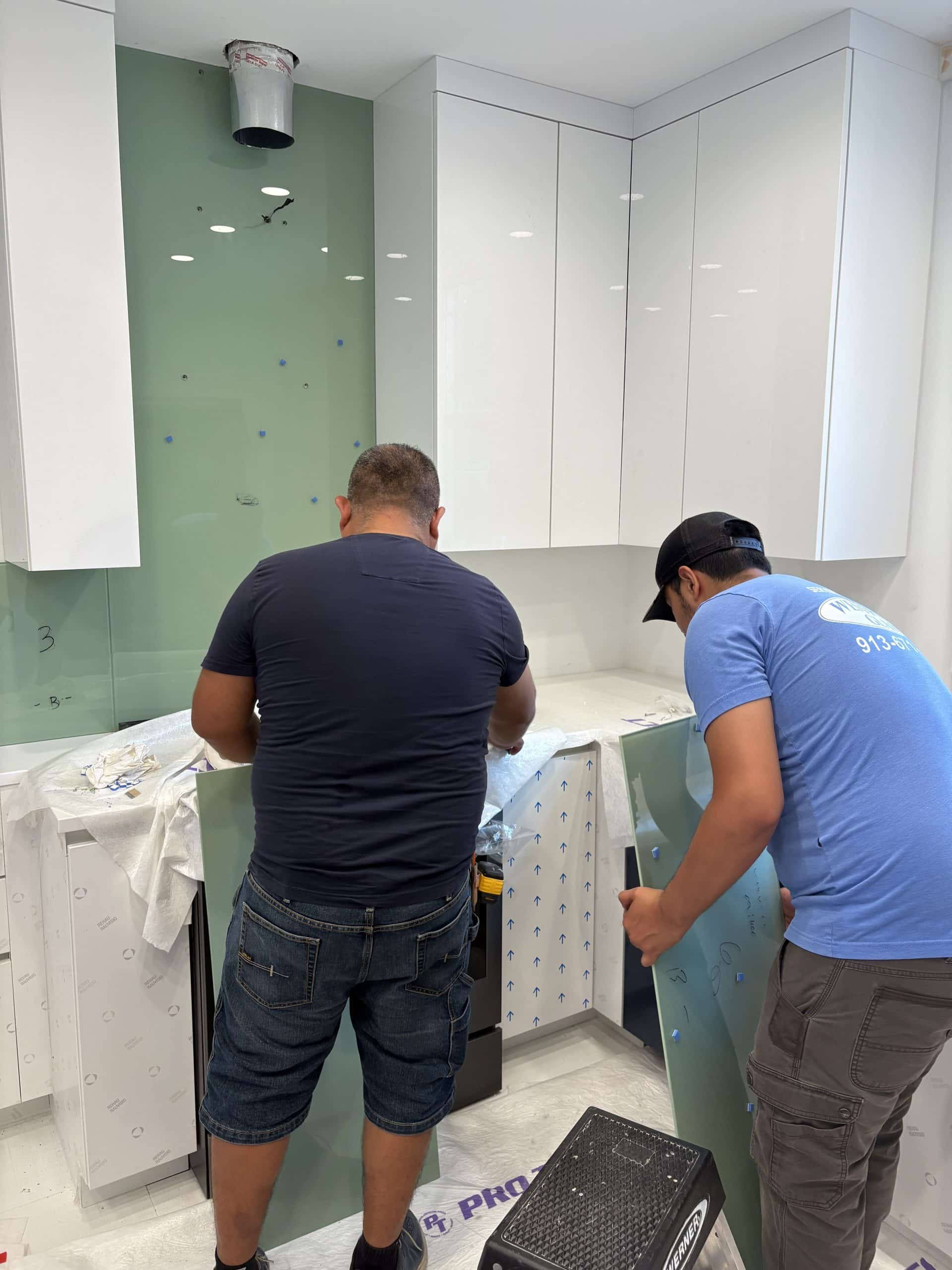 painted back glass backsplash installation