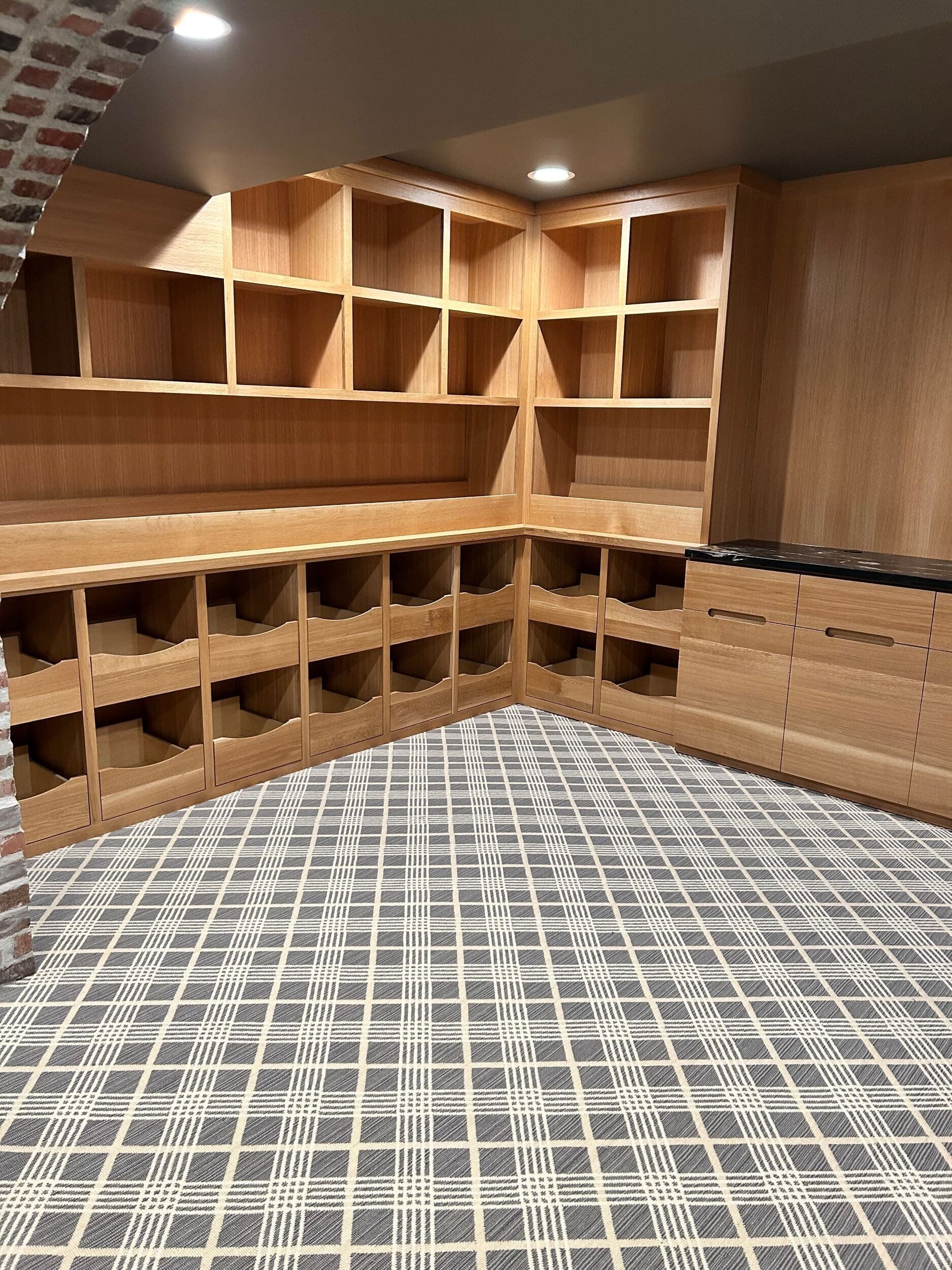 plaid carpet installed for sound proofing and to add some dramatic interest