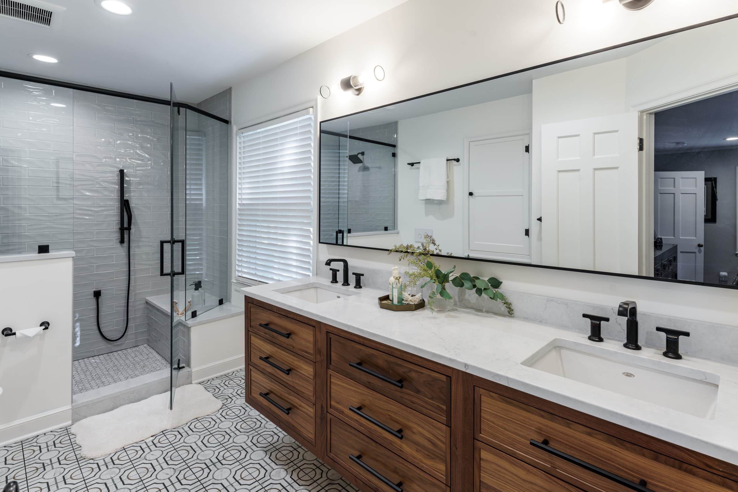 modern sleek shower and primary bathroom with deep warm stained vanity modern sleek shower and primary bathroom with deep warm stained vanity