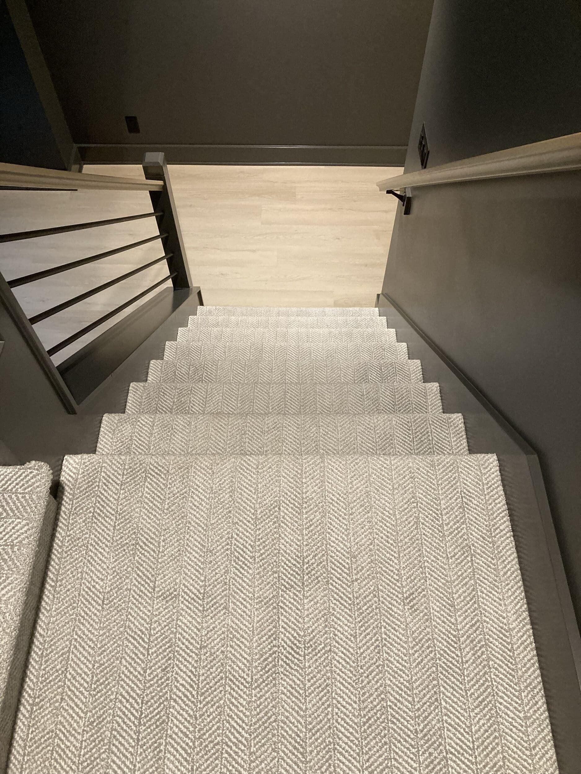 carpet runner laid on stairs carpet runner laid on stairs in leawood modern moody basement remodel