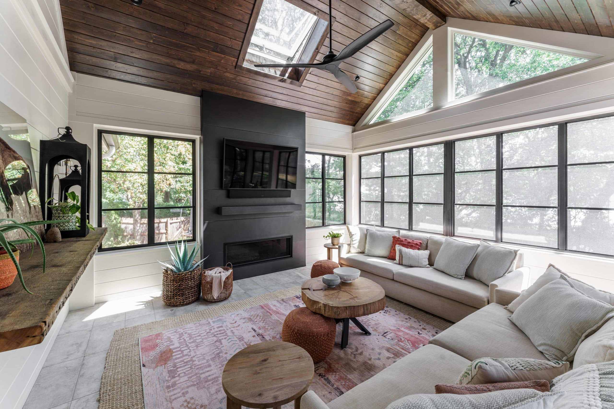 screened porch 3 seasons room remodel in Leawood screened porch 3 seasons room remodel in Leawood with stained oak ceiling slated on vaulted ceiling and black framed mirrors