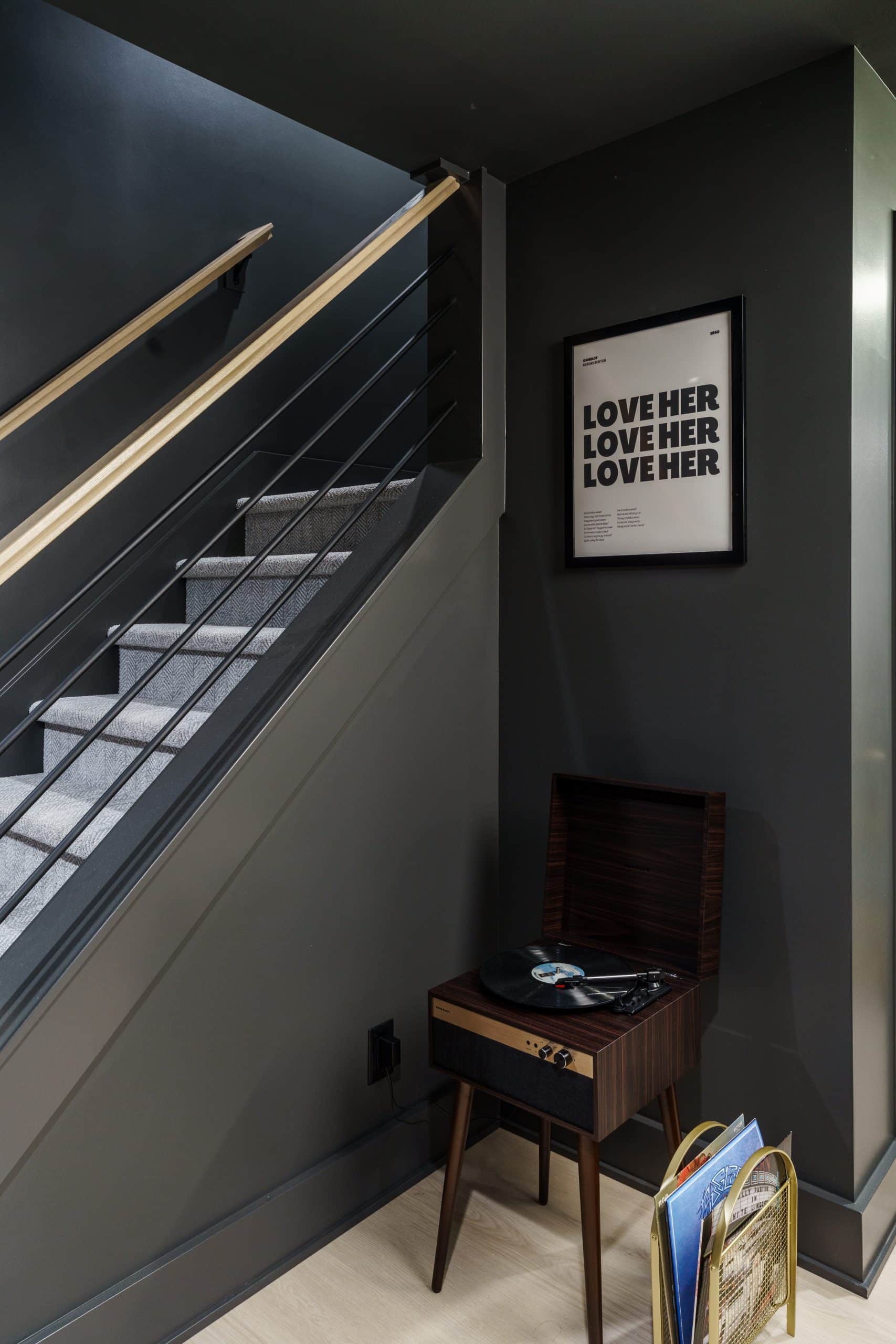 moody modern color drenched stairwell and landing with record player and art moody modern color drenched stairwell and landing with record player and art