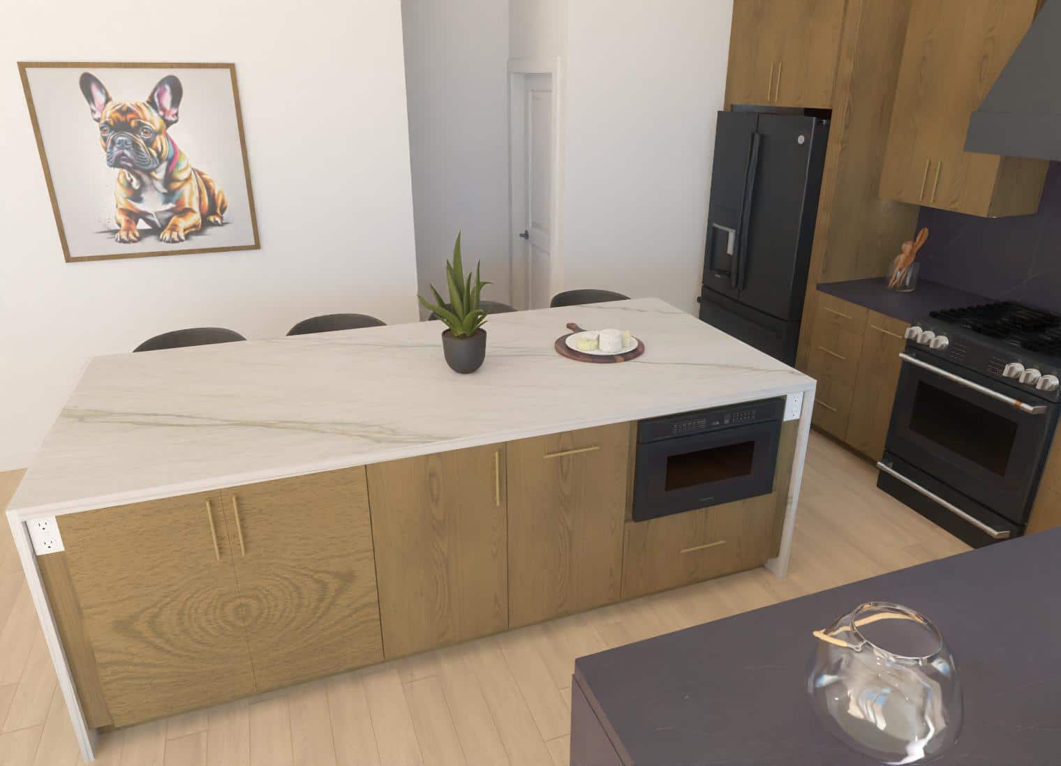 lake of the Ozarks kitchen remodel 3d rendering showing a sleek contemporary design with neutral colors and a variety of textures for a tranquil high design space with lake views