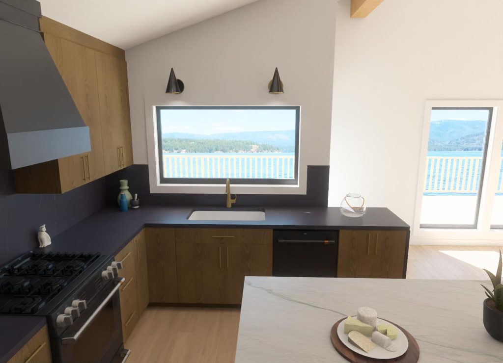 lake of the Ozarks kitchen remodel 3d rendering showing a sleek contemporary design with neutral colors and a variety of textures for a tranquil high design space with lake views