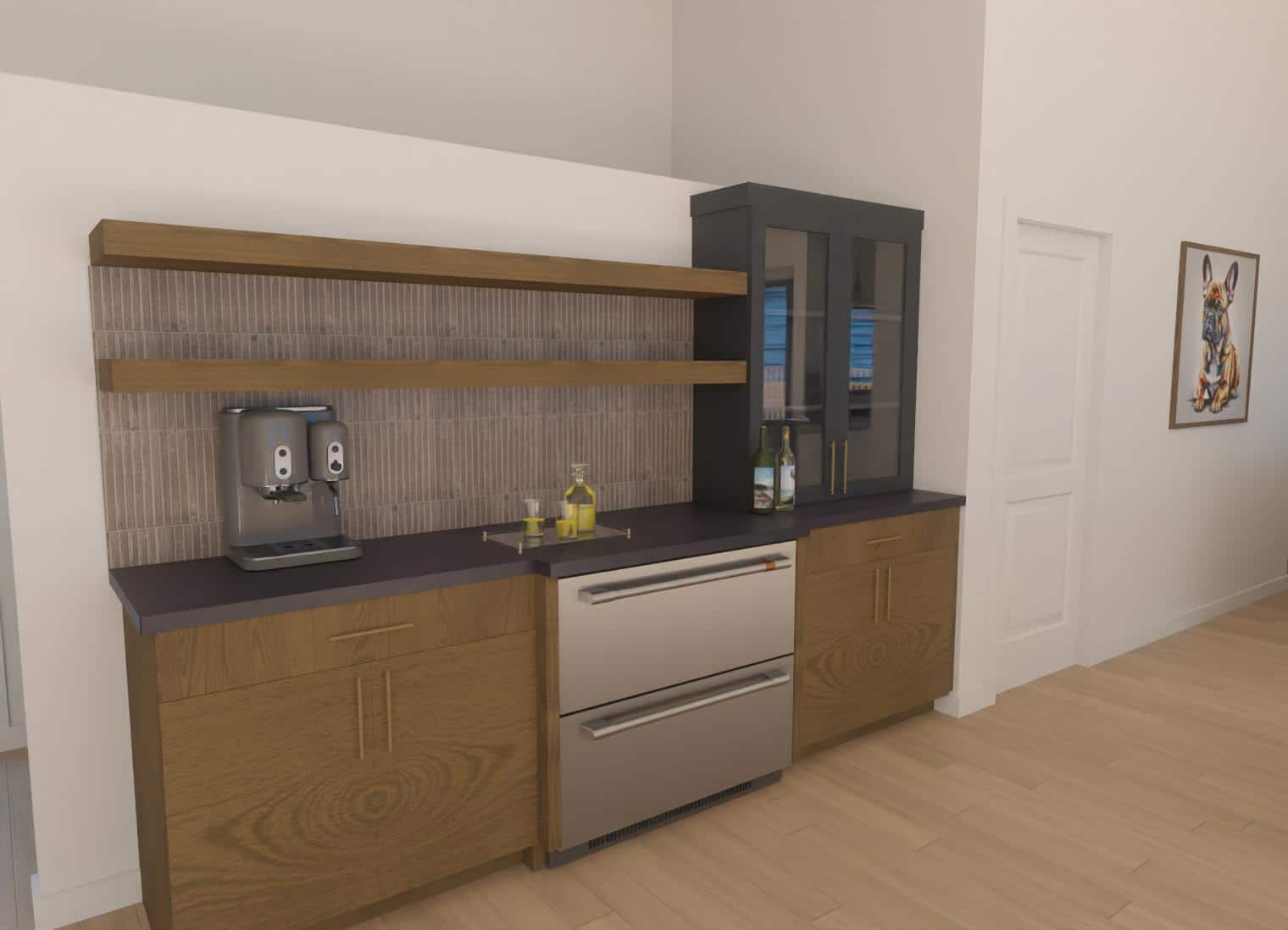 Lake of the Ozarks 3d rendering of kitchen and living room area with a bar and shelving 