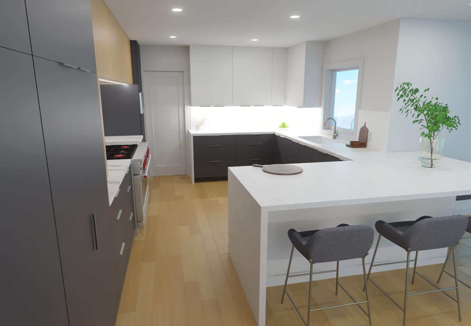 kitchen 3d rendering of modern sleek contemporary white and black space