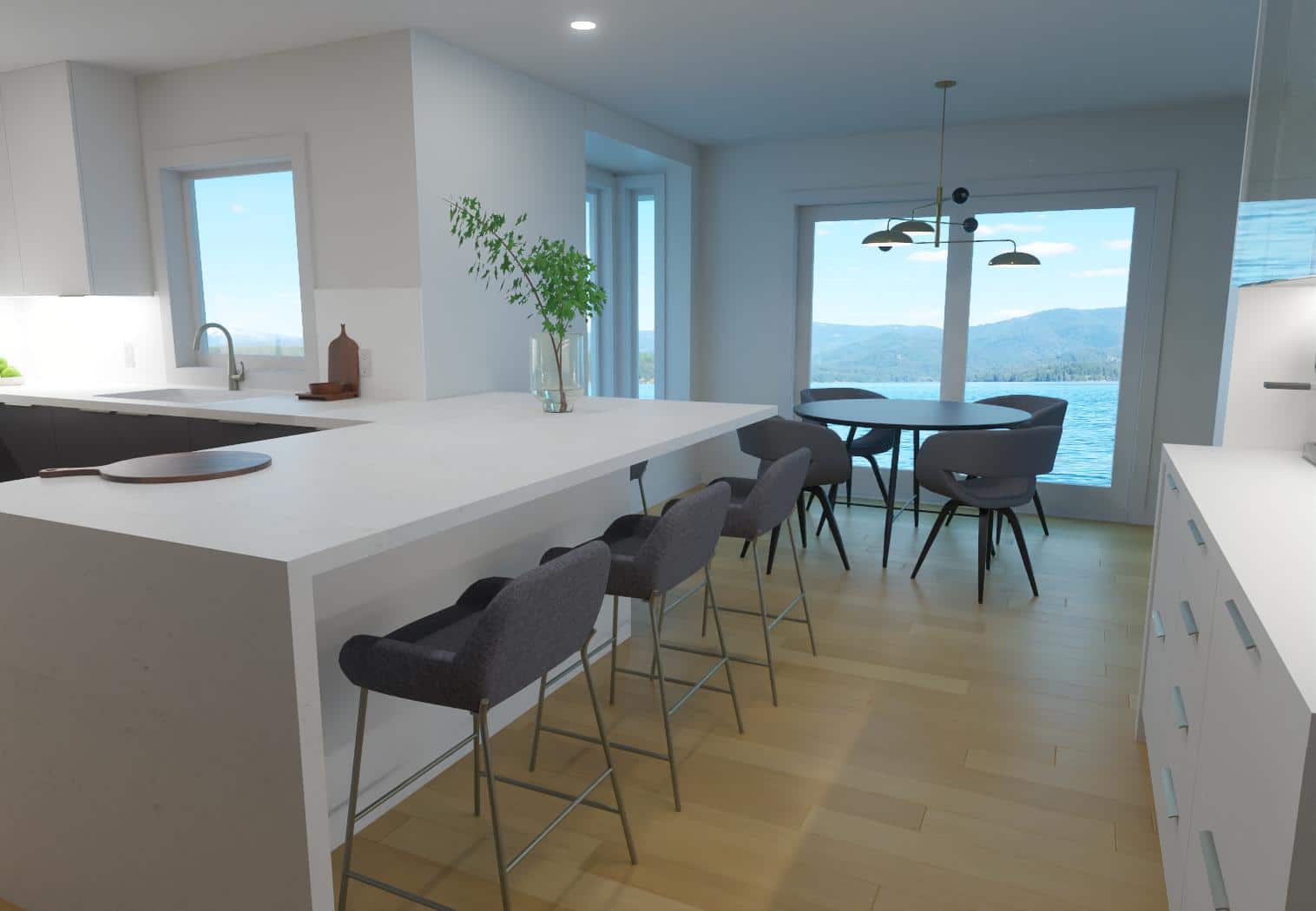 kitchen 3d rendering of modern sleek contemporary white and black space