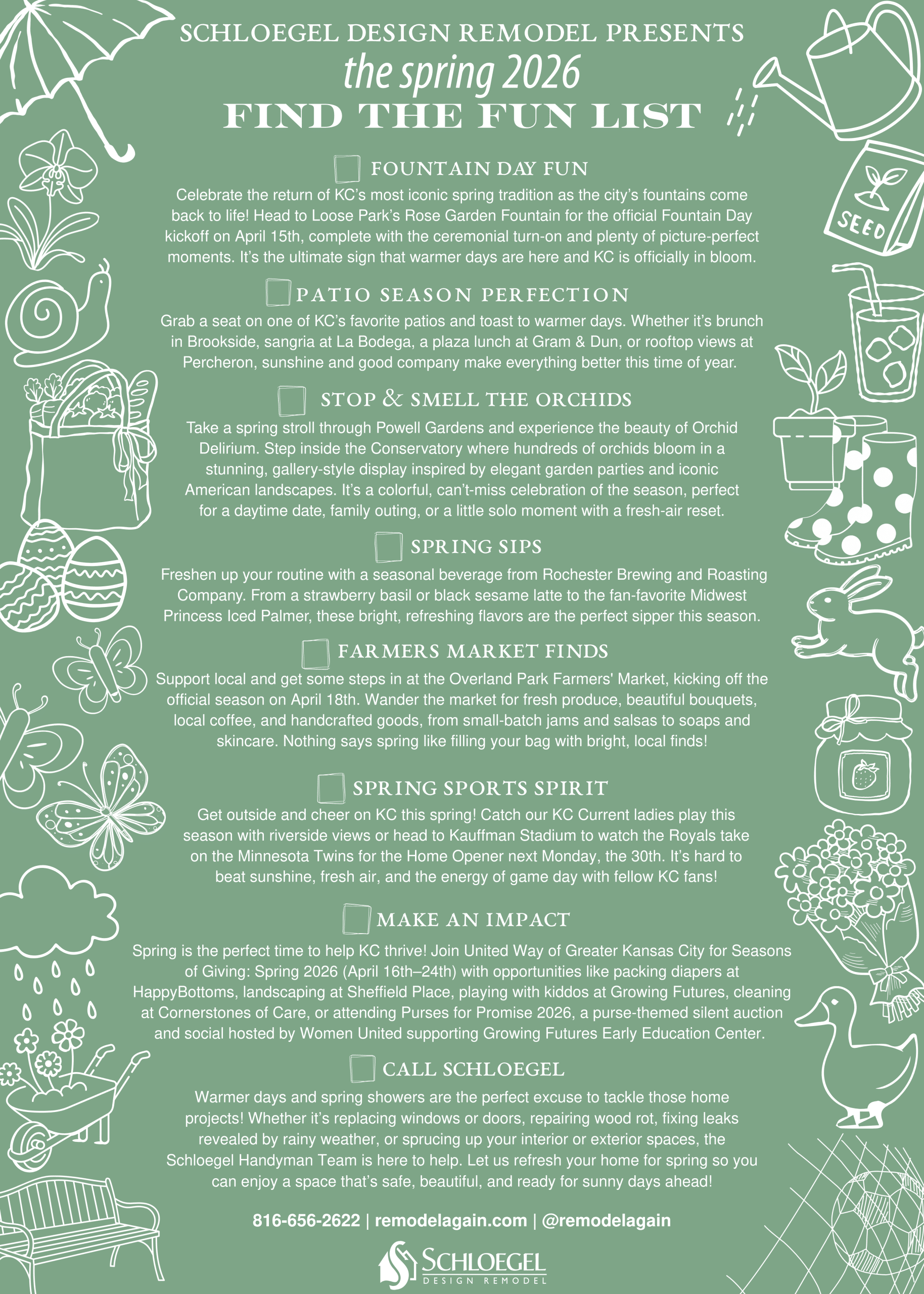 Spring fun things to do in Kansas City list Spring fun things to do in Kansas City list presented by Schloegel Design Remodel with a bucket list of things to do to get involved in the KC community