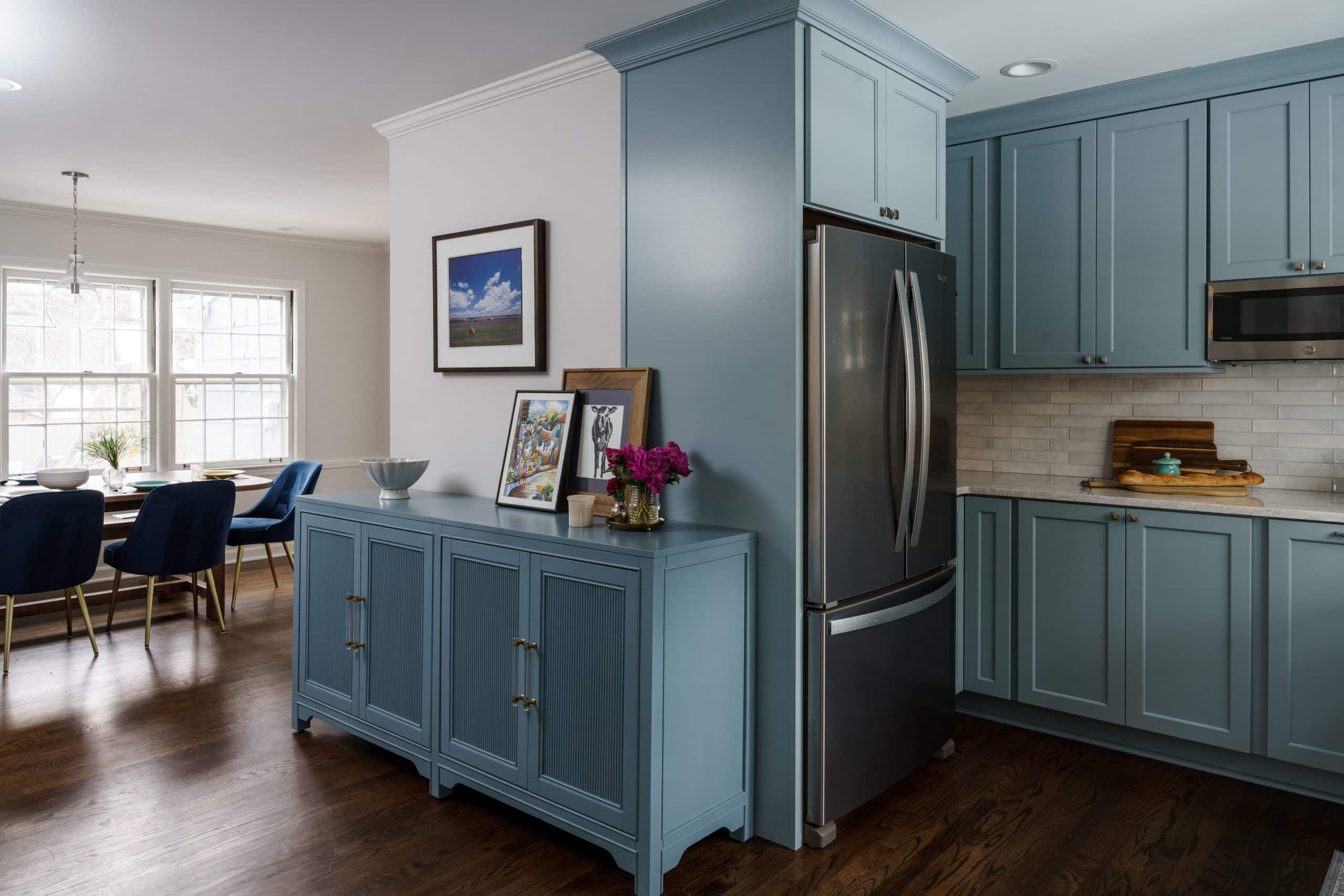powder blue kitchen cabinets and breakfast area dining spot in kansas city kitchen remodel