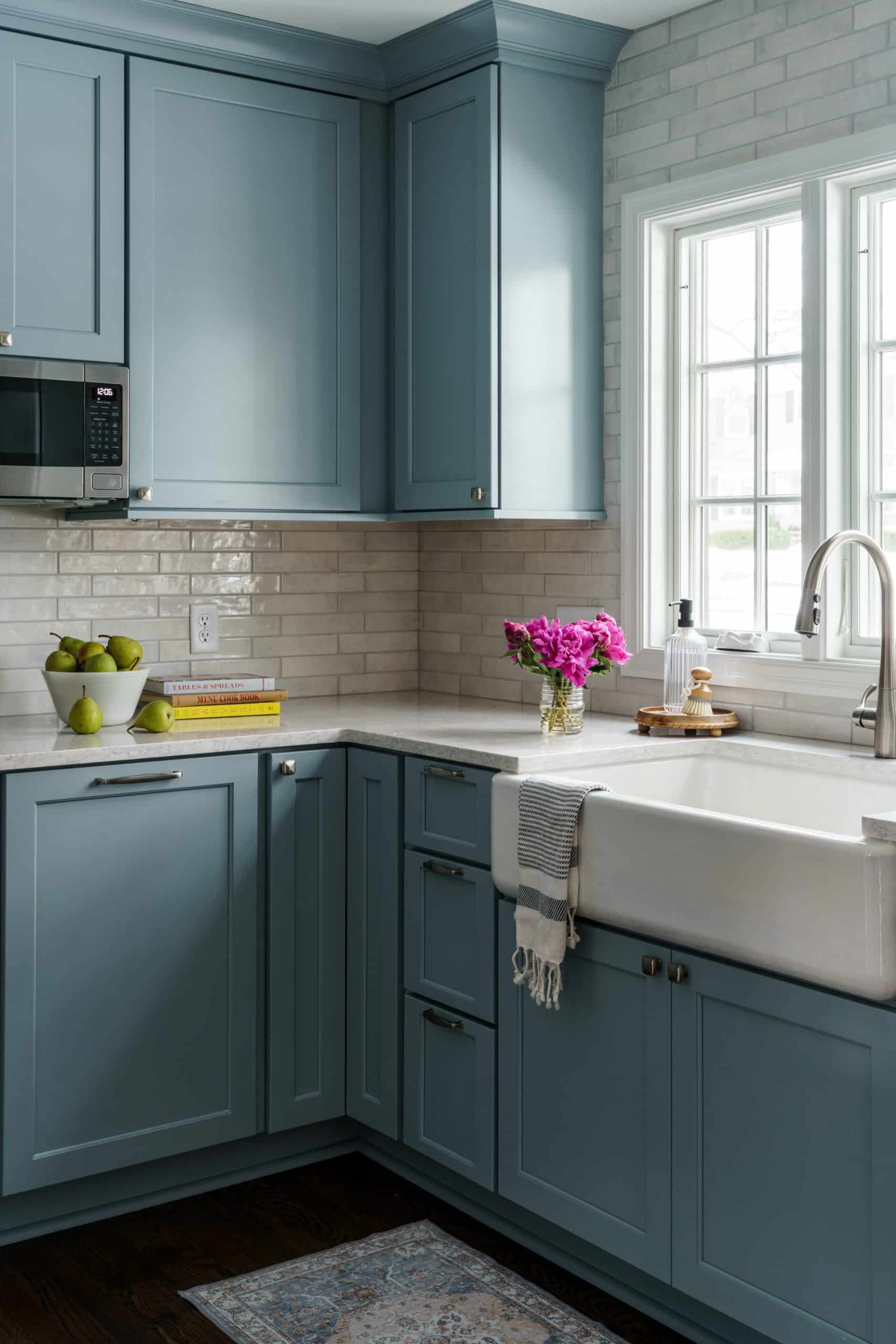 powder blue kitchen cabinets in transitional modern kitchen remodel in Brookside Kansas City Mo