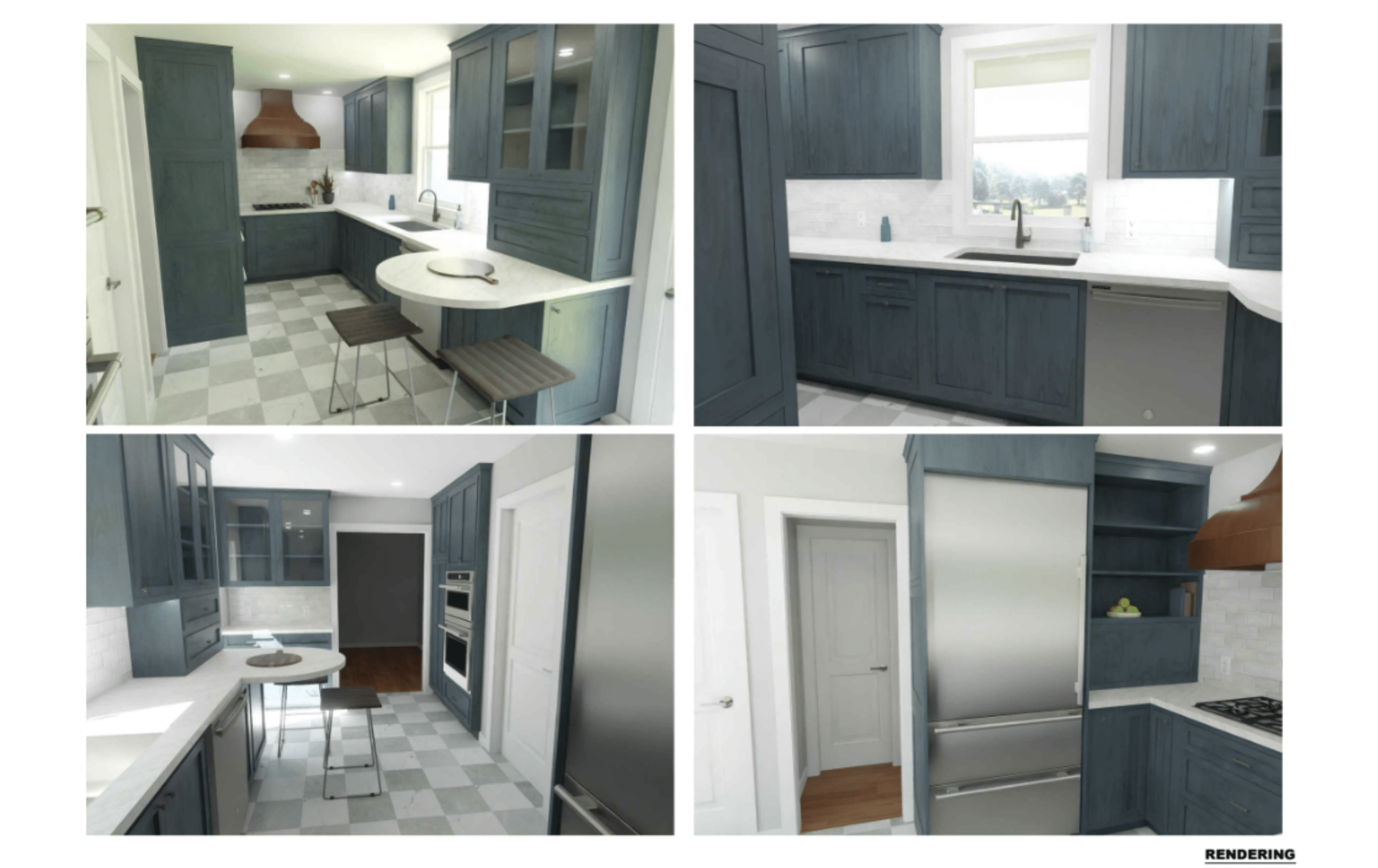 deep blue cabinetry and warm timeless kitchen design 3d rendering 