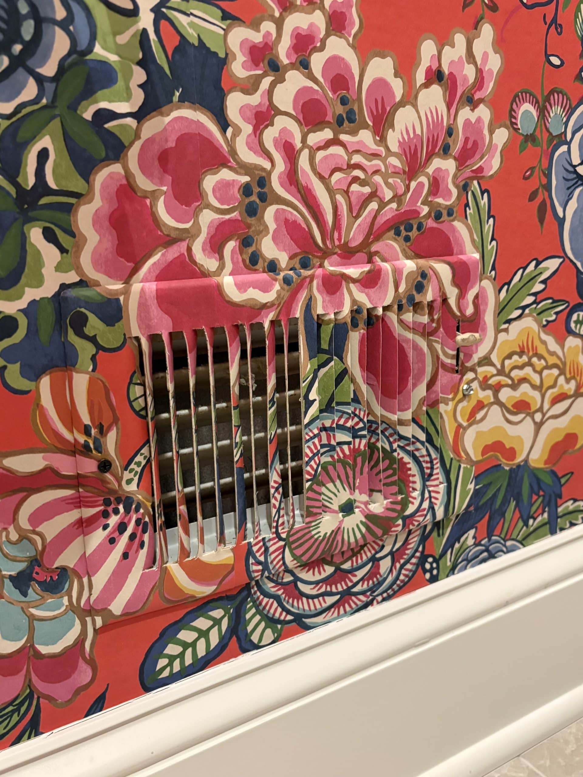 wallpaper covered vent in Prairie Village Hall Bathroom Refresh with handyman updates