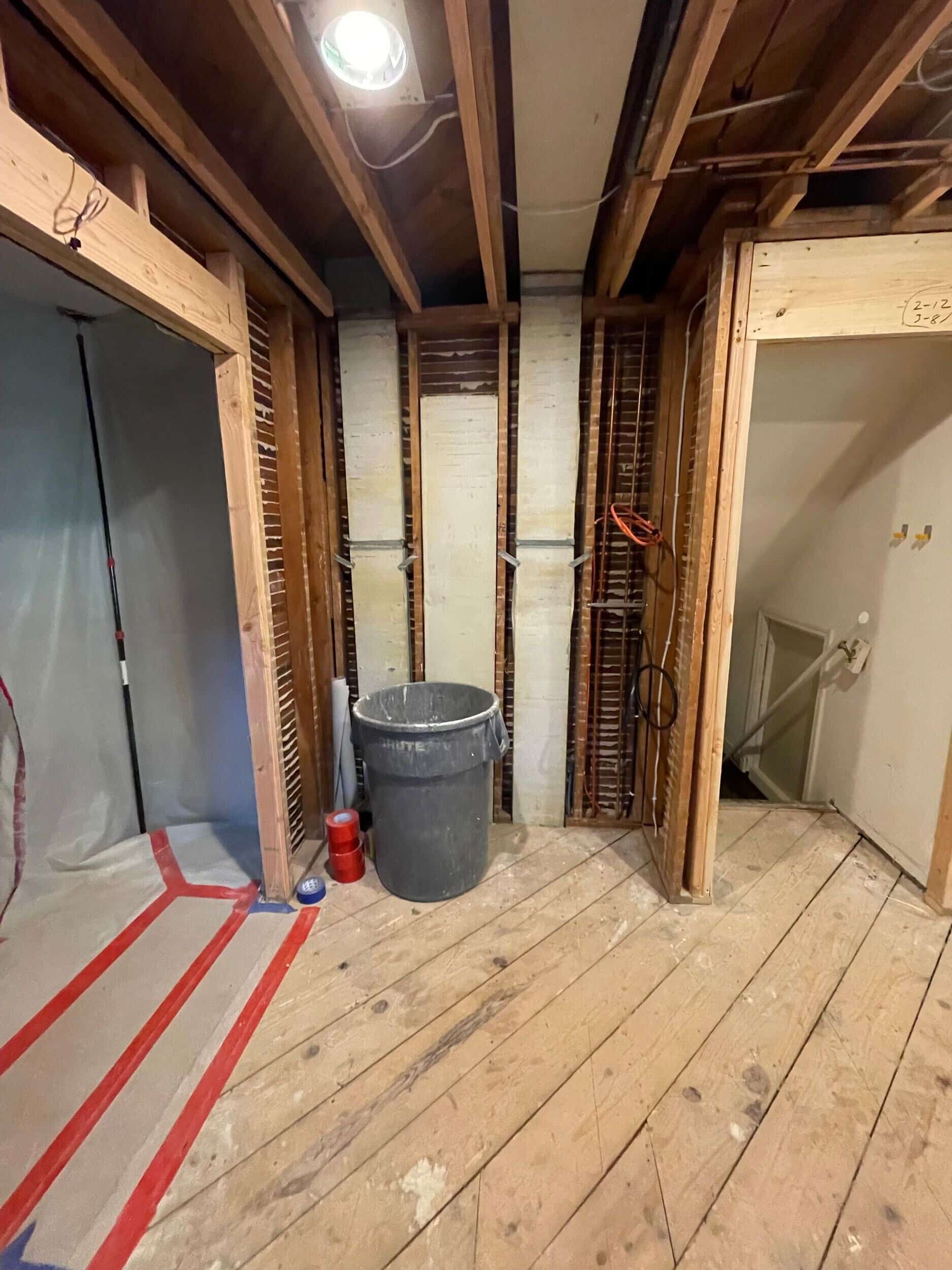 framing phase of construction in kitchen remodel