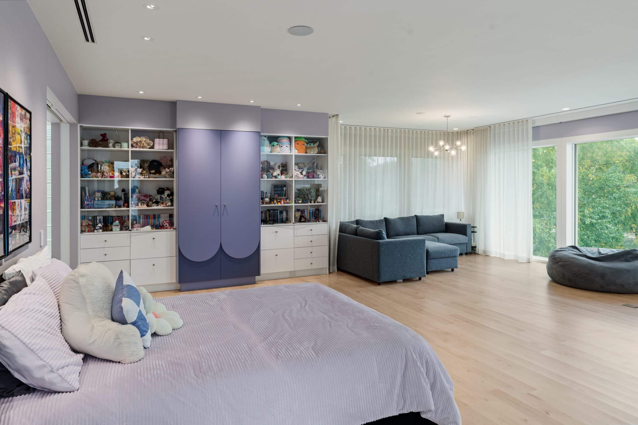 girls bedroom remodel with custom purple cabinetry