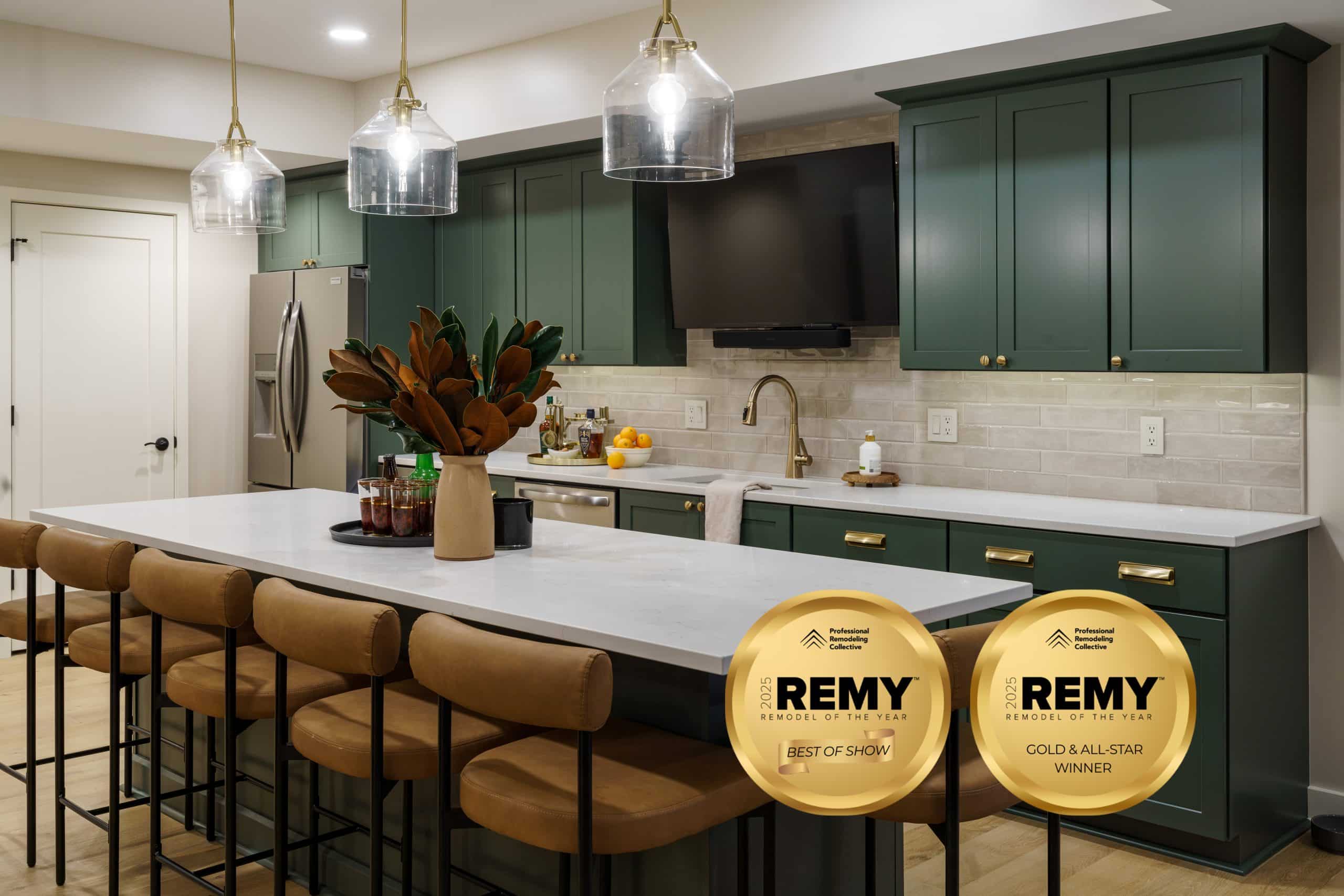 Best of Show Basement Best of Show winner, basement kitchen with green cabinets