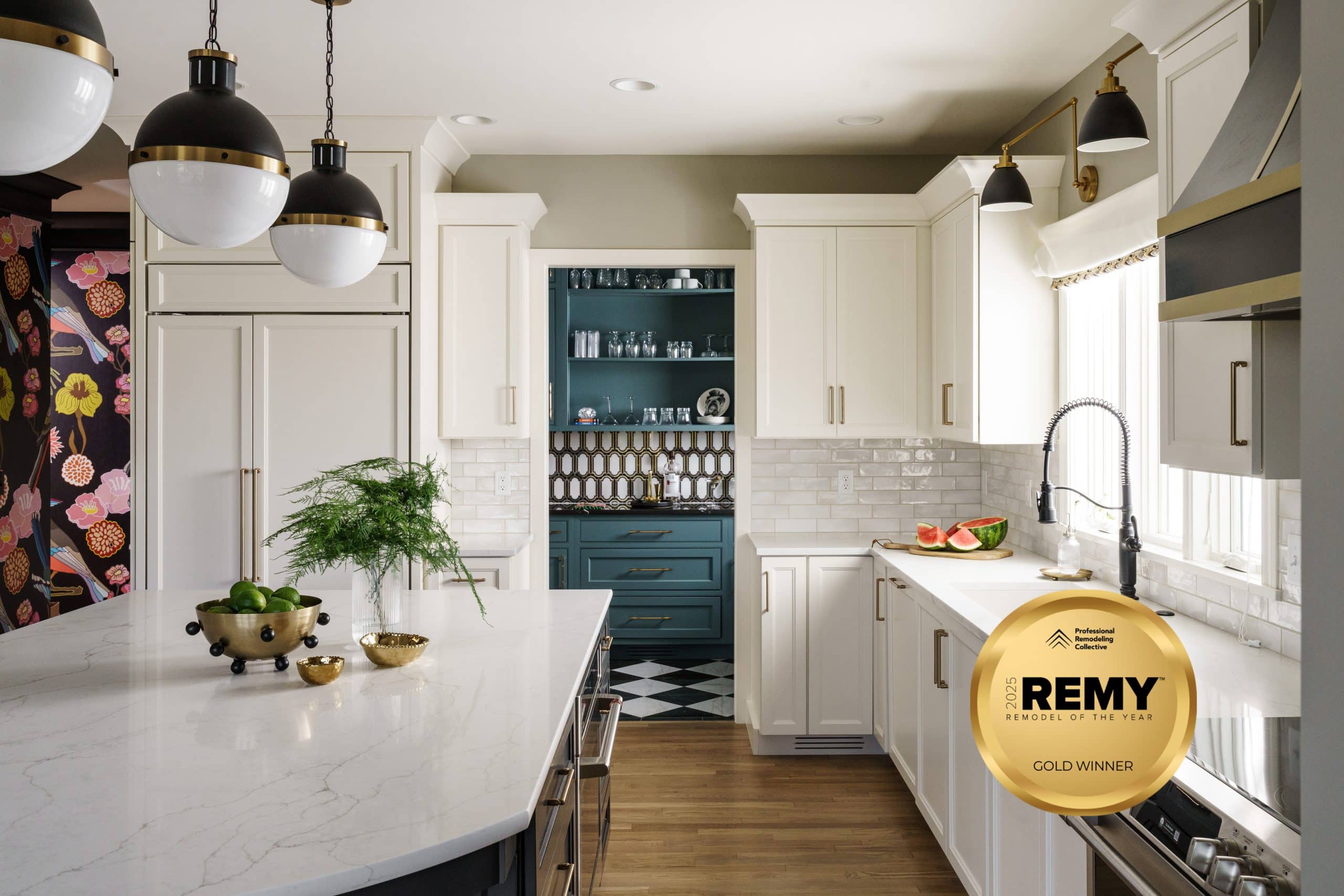 Gold_Design_Plans White kitchen with teal butler pantry and wallpaper entry