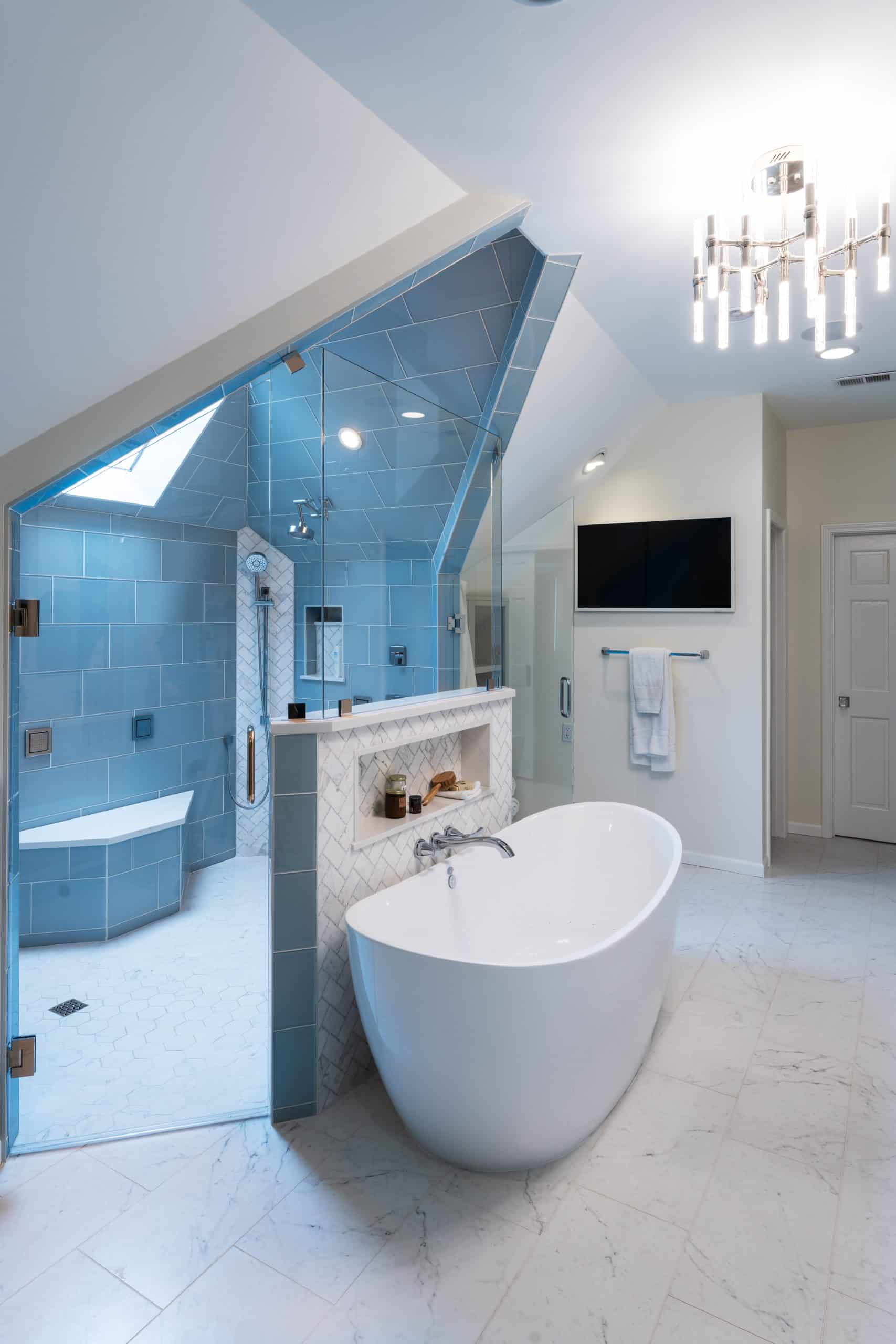 primary bathroom with free standing tub and walk in shower with his and hers side primary bathroom with free standing tub and walk in shower with his and hers side