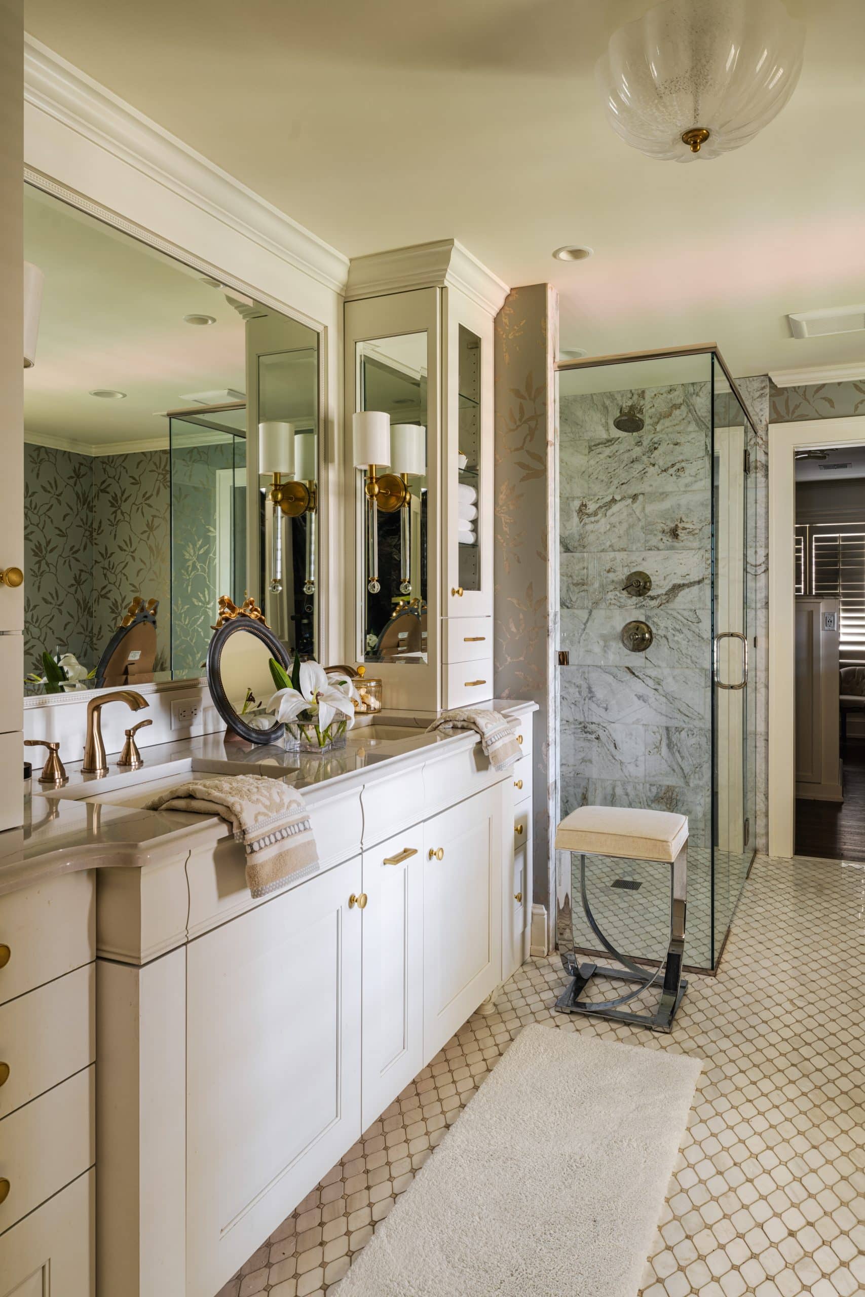 curbless shower in primary bath traditional classic style Mission Hills primary bathroom remodel with printed wallpaper and luxurious finishes