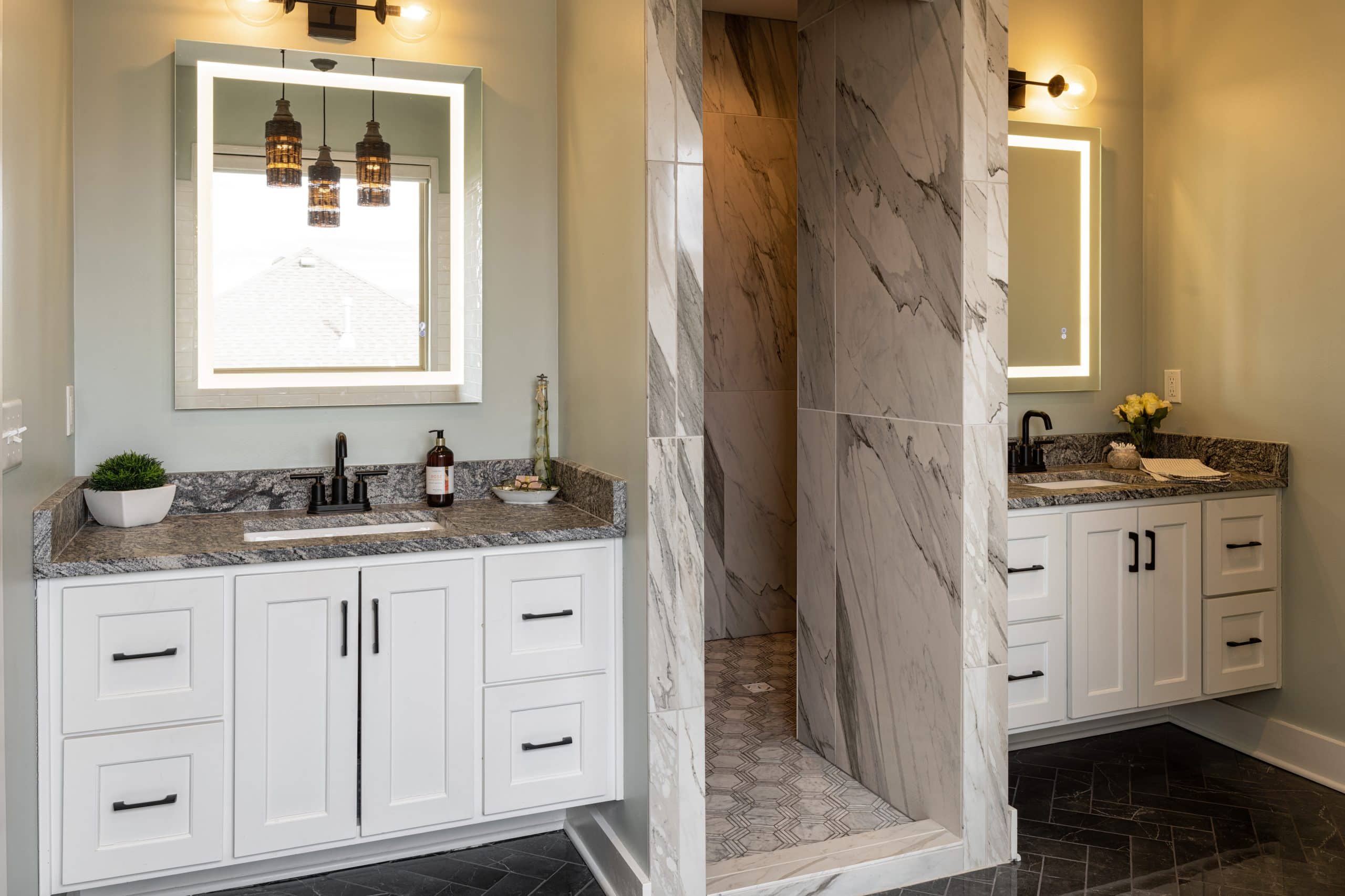 curbless shower in primary bathroom remodel with his and hers side curbless shower in primary bathroom remodel with his and hers side