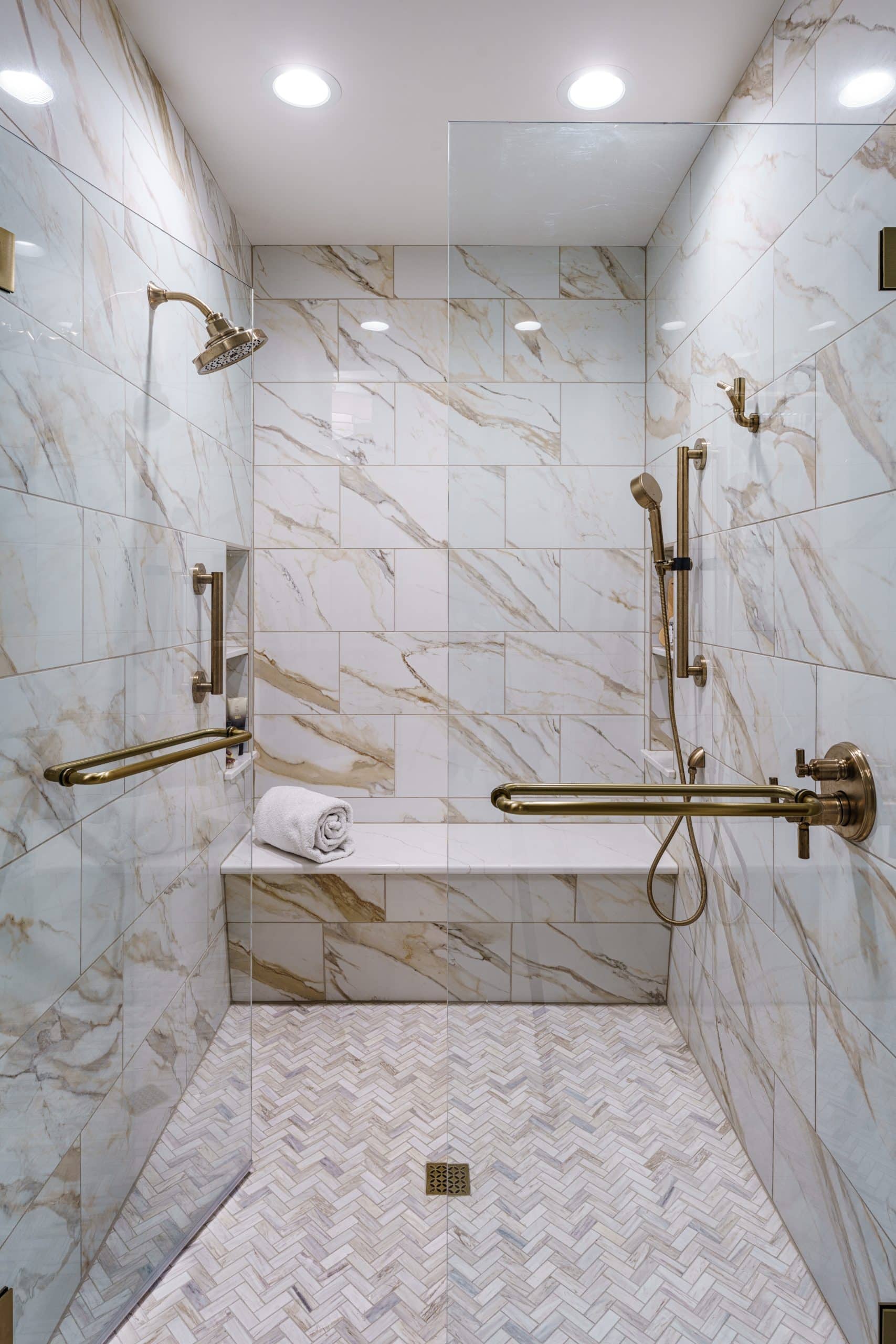 prairie village Kansas aging in place curbless walk-in shower with marble inspired tile prairie village Kansas aging in place curbless walk-in shower with marble inspired tile