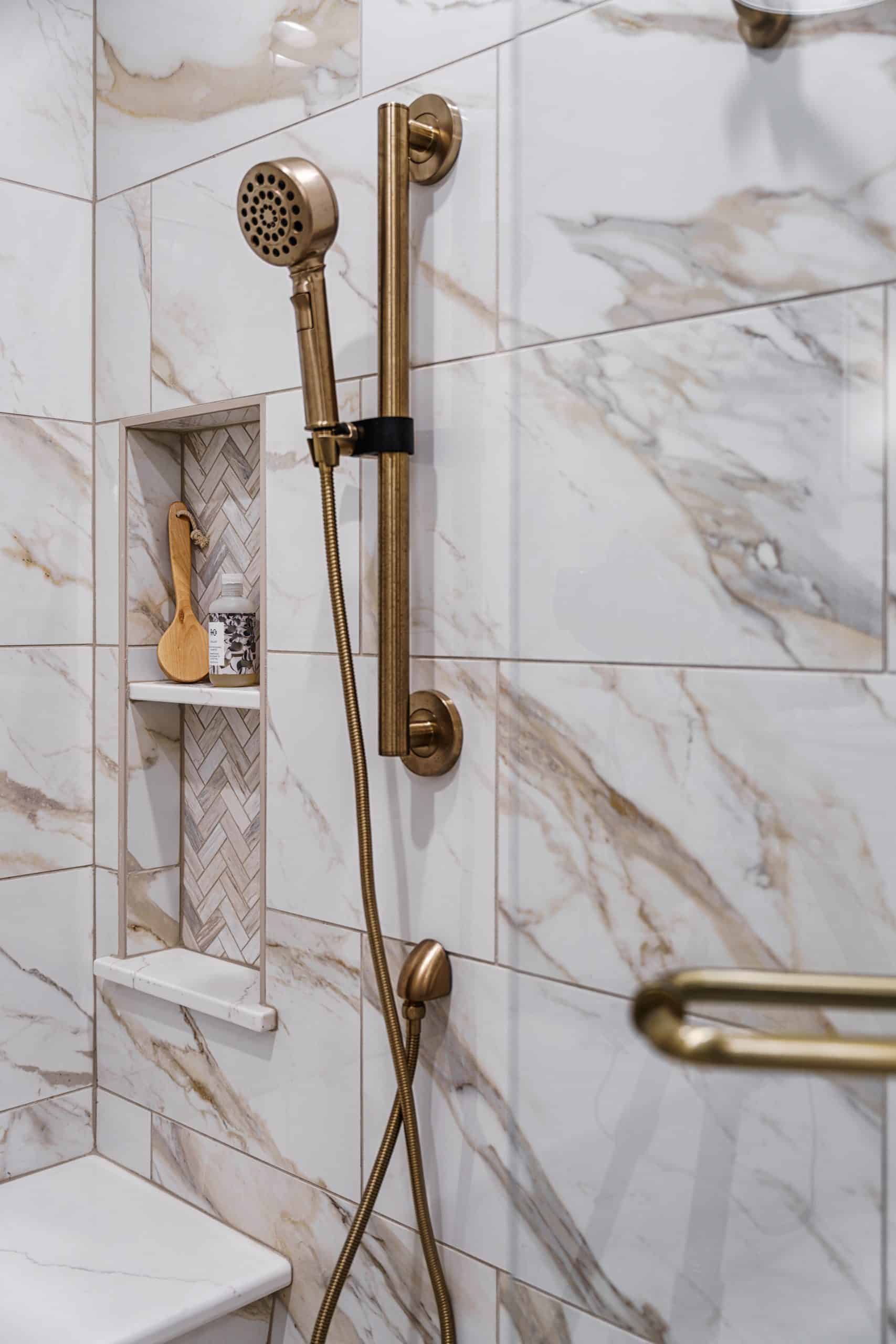 prairie village Kansas aging in place curbless walk-in shower with marble inspired tile and grab bars for accessibility prairie village Kansas aging in place curbless walk-in shower with marble inspired tile and grab bars for accessibility