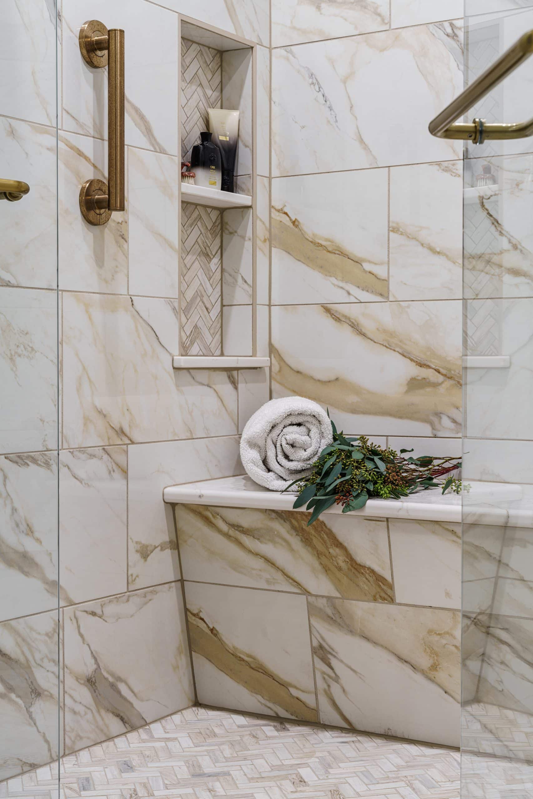 prairie village Kansas aging in place curbless walk-in shower with marble inspired tile and grab bars for accessibility prairie village Kansas aging in place curbless walk-in shower with marble inspired tile and grab bars for accessibility