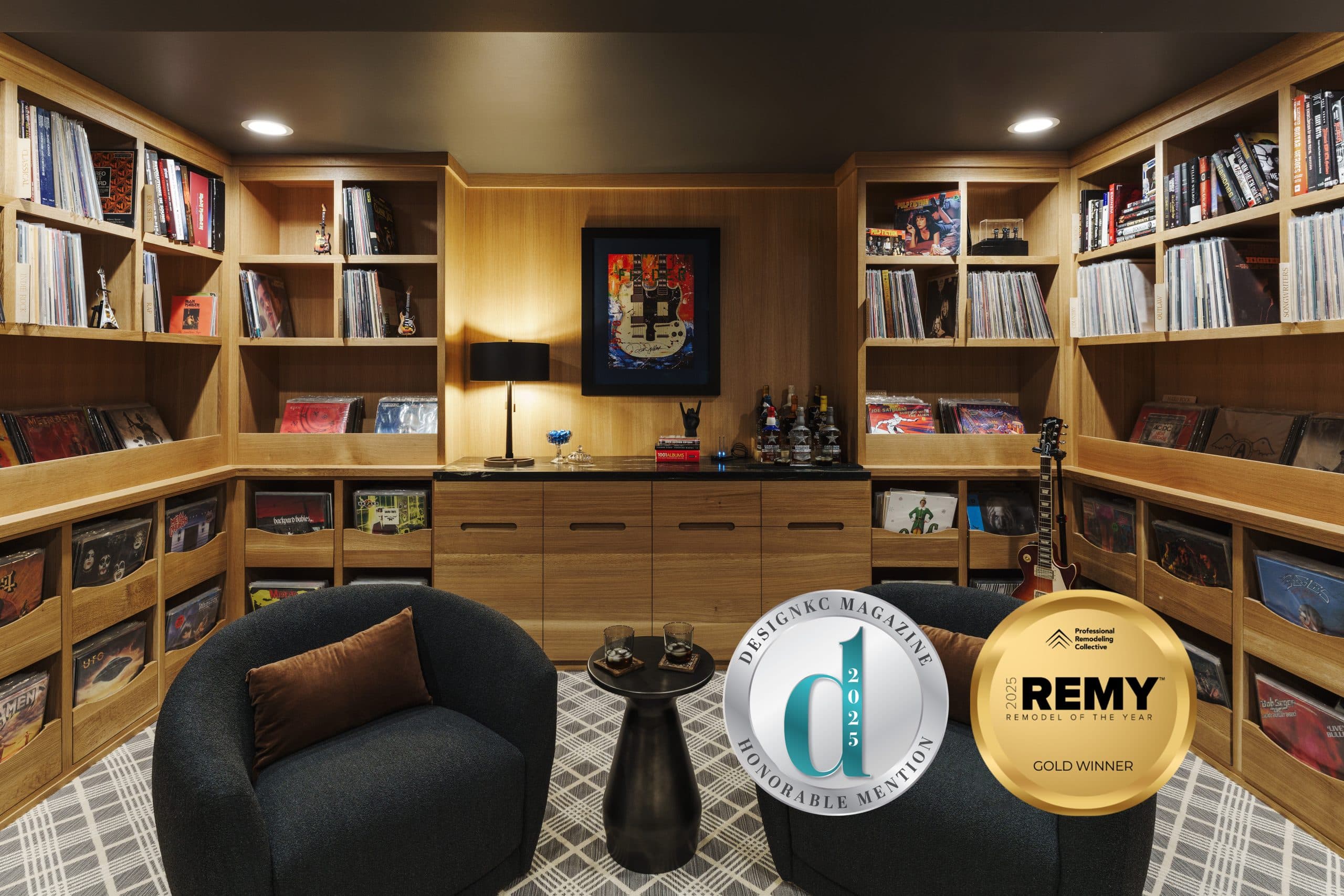 designKC_REMY_Award_Basement Custom Record Room with White Oak cabinets