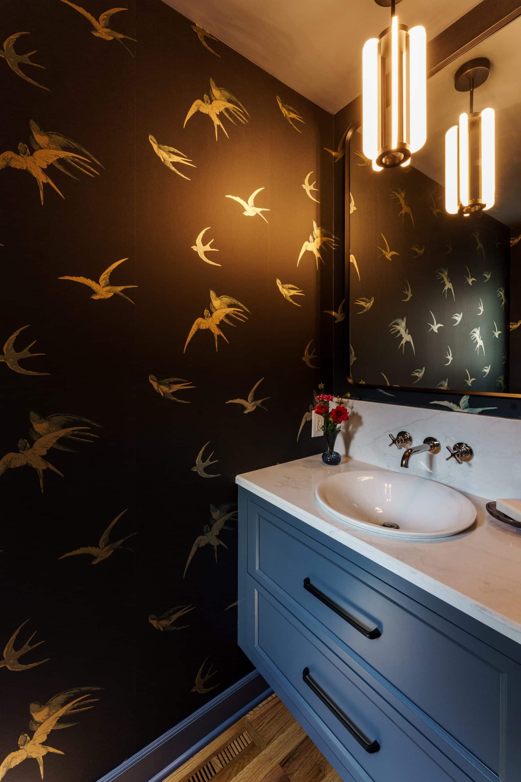 powder bath angle view of moody bathroom in Kansas City