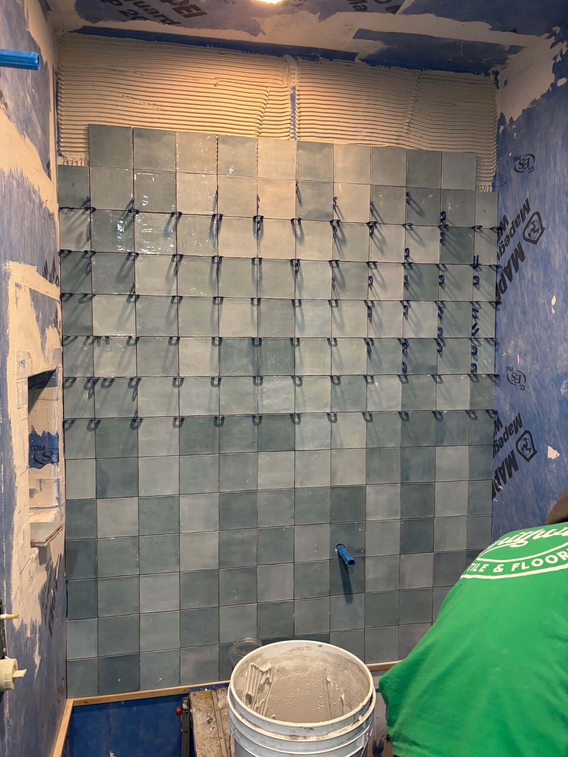 aqua zellige tile installation in primary bathroom shower aqua zellige tile installation in primary bathroom shower