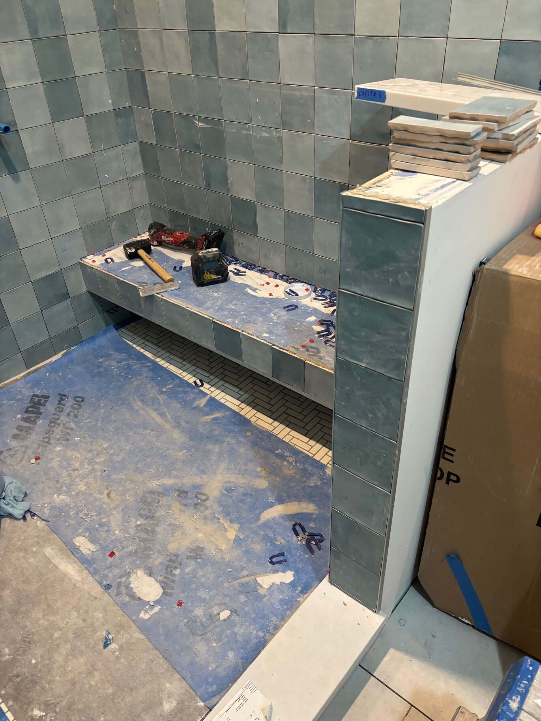 aqua zellige tile installation in primary bathroom shower bench seat aqua zellige tile installation in primary bathroom shower bench seat