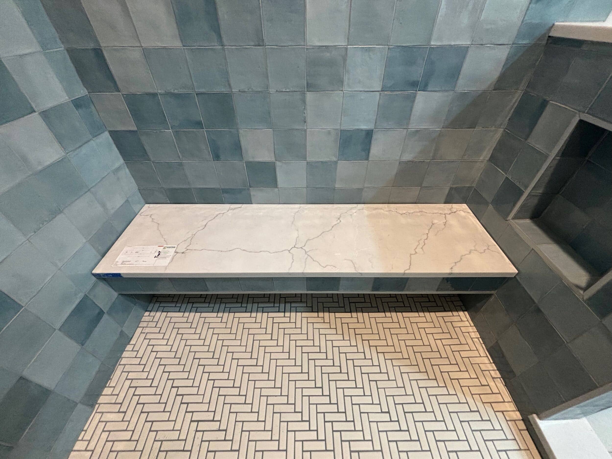 aqua zellige tile installation in primary bathroom shower bench seat aqua zellige tile installation in primary bathroom shower bench seat