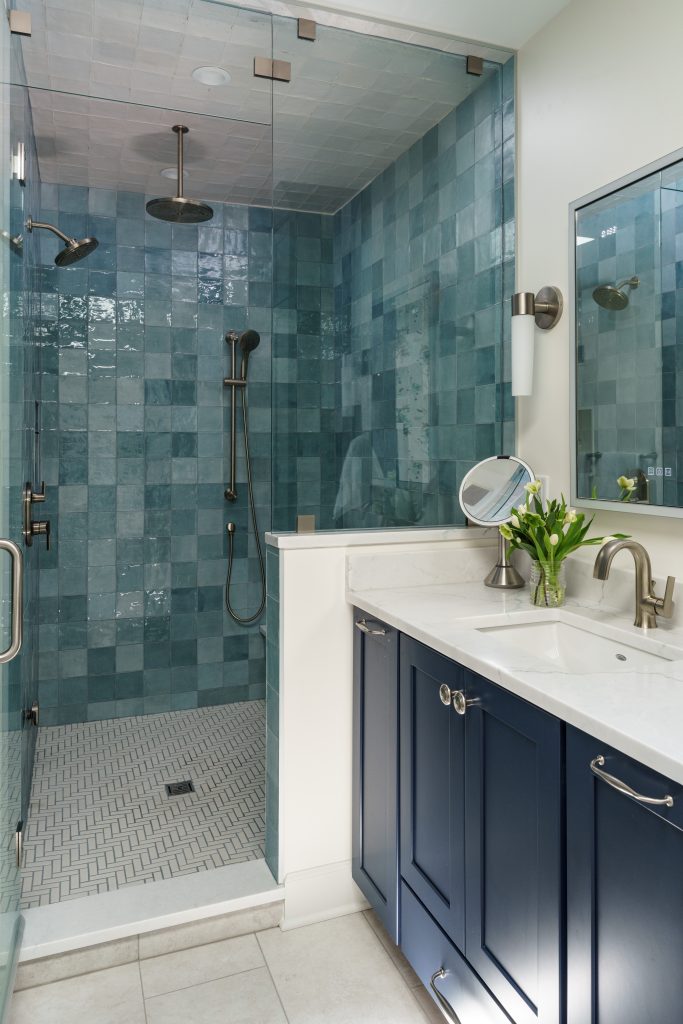 aqua blue zellige tile in shower for primary bathroom remodel in Fairway