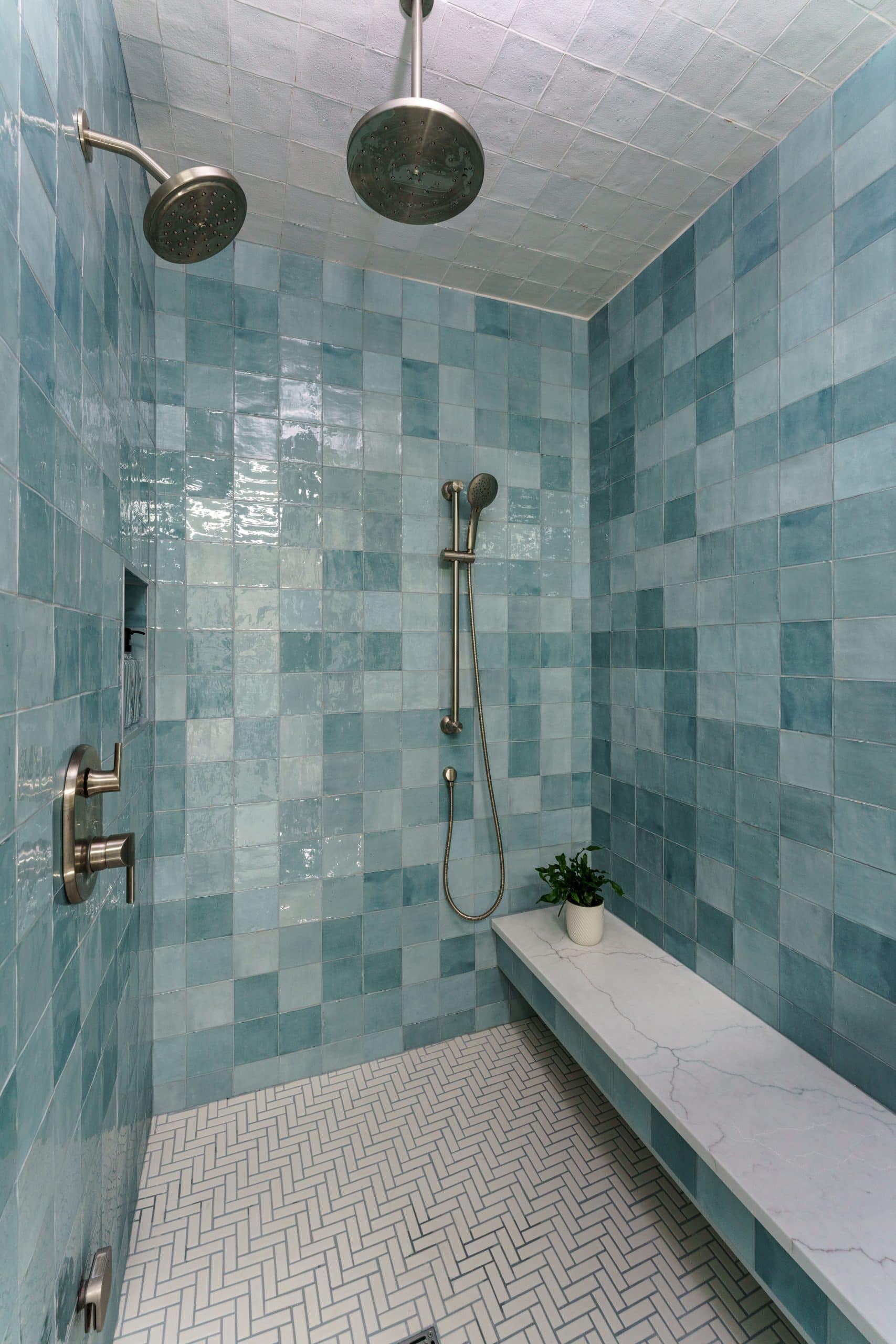 aqua zellige tile in primary bathroom remodel shower details with bench seat aqua zellige tile in primary bathroom remodel shower details with bench seat